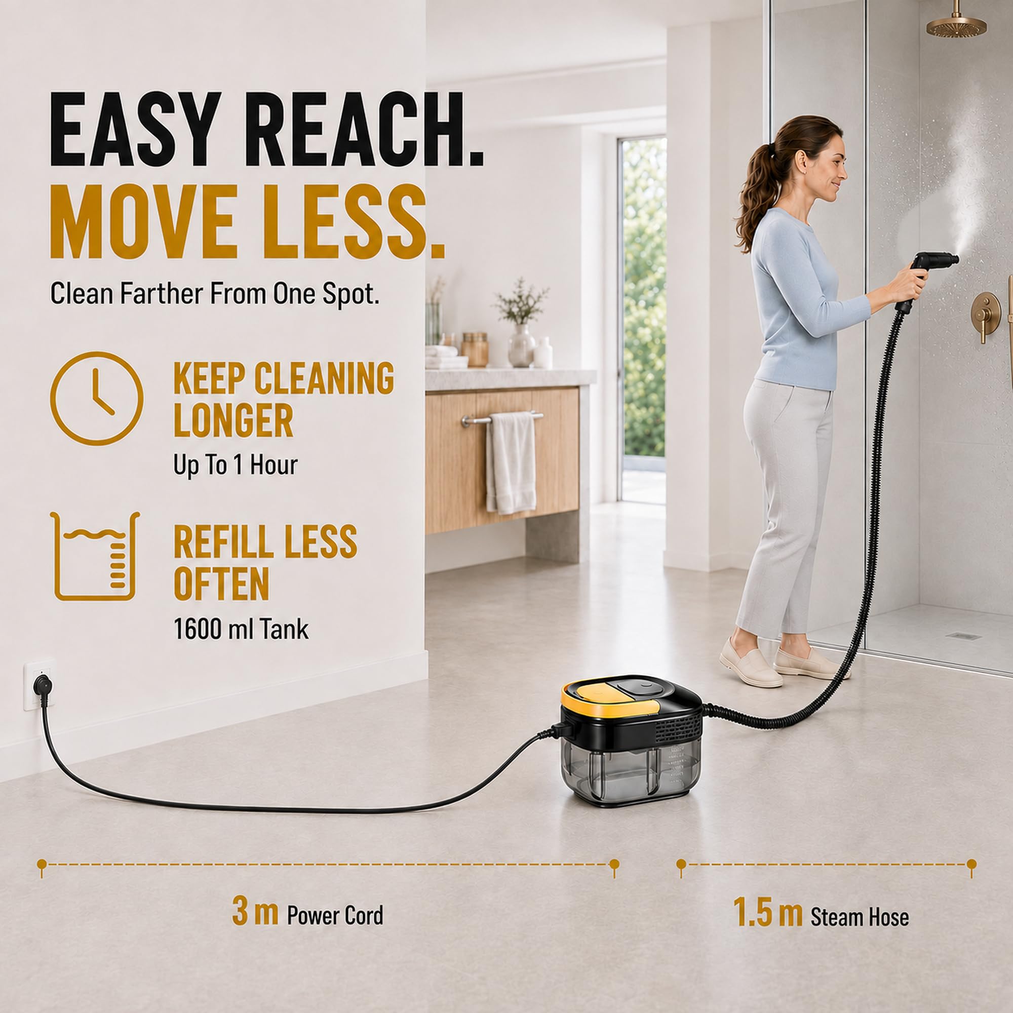 Nettoyeur Vapeur 17-EN-1 pour Maison & Voiture, 3 Niveaux Vapeur Poignée, Chauffe 10s, Réservoir de 1600 ml, Rayon 4,5m, pour Cuisine, Salle Bain, Sols, Fenêtres.