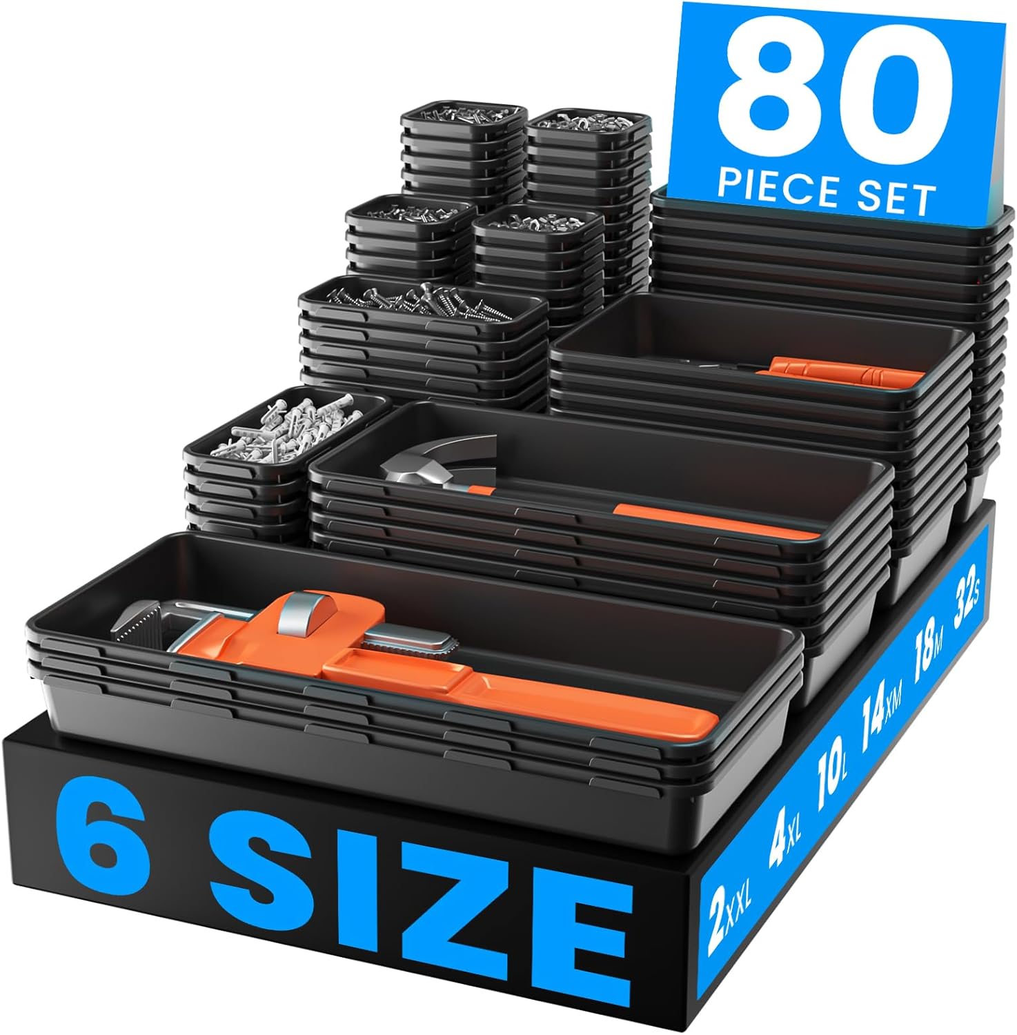 A-LuGei 【𝟲 𝗦𝗜𝗭𝗘】 Tool Box Organizer【Fits 100+ Tools】 Black Garage Organization and Storage Tray Divider Set, Desk Drawer Organizer, Toolbox for Rolling Tool Chest Cart WorkBench Small Part
