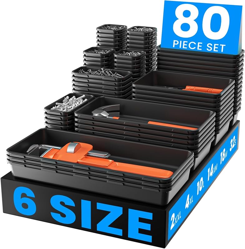【𝟲𝗦𝗜𝗭𝗘 & 80PCS】A-LUGEI Tool Box Organizer【Fits 100+ Tools】 Black Garage Organization and Storage Tray Divider Set, Desk Drawer Organizer, Toolbox for Rolling Tool Chest Cart WorkBench Small Part