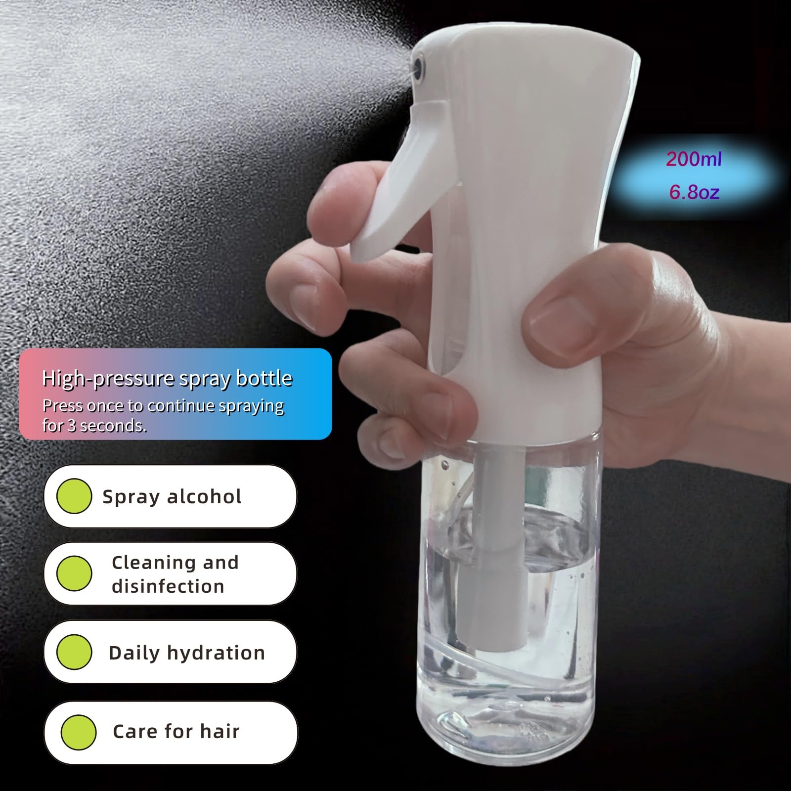 2 x kontinuierliche Sprühflaschen – ultrafeiner Sprühnebel, 200 ml Wassersprühflasche für Haare, Reinigung, Pflanzen, Haustiere, Salons