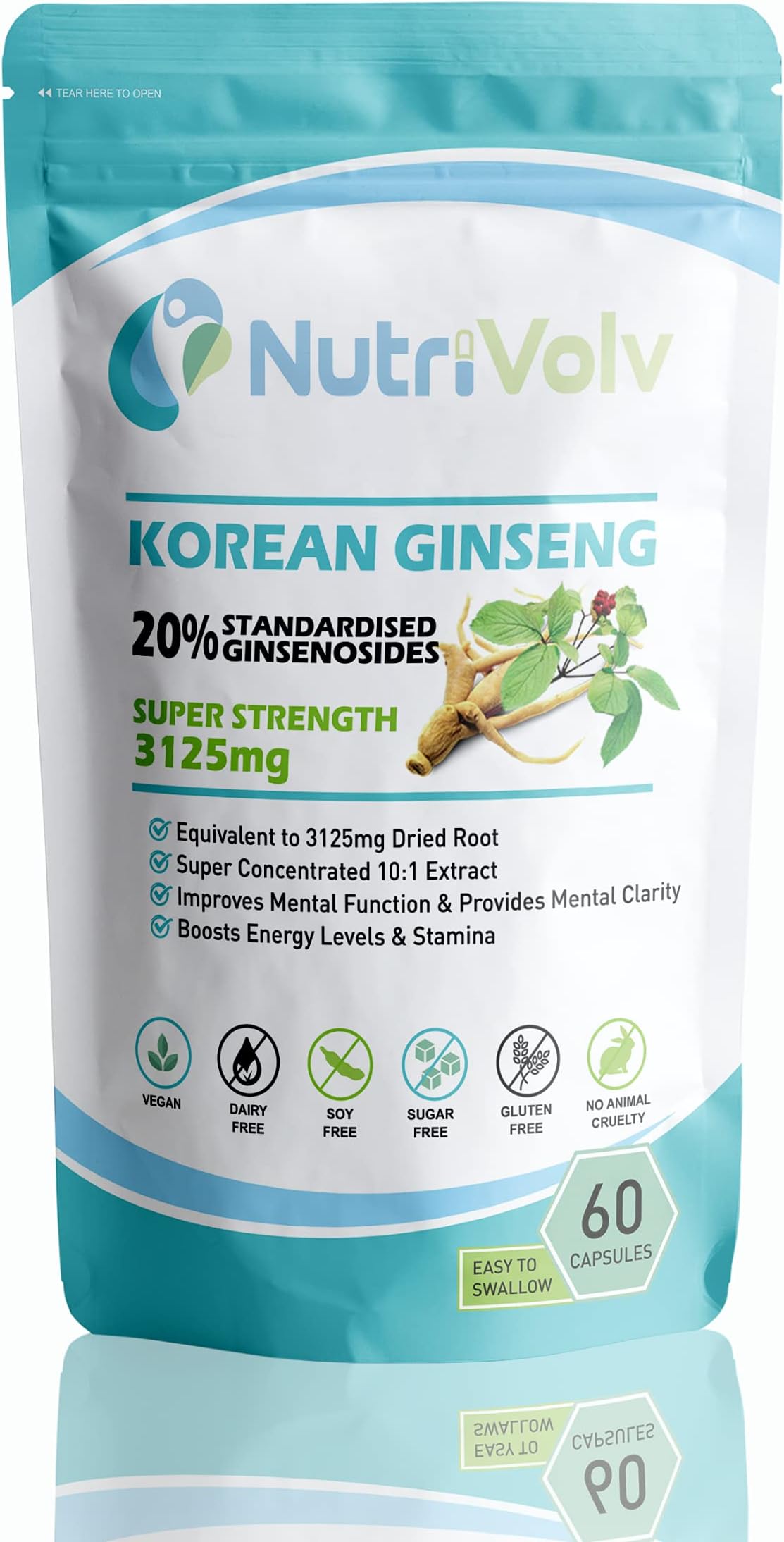 High Strength Korean Ginseng 3125mg Supplements to Boost Energy, Endurance, Mood, Performance, Vitality, Memory, Focus & Immunity | 60 Capsules