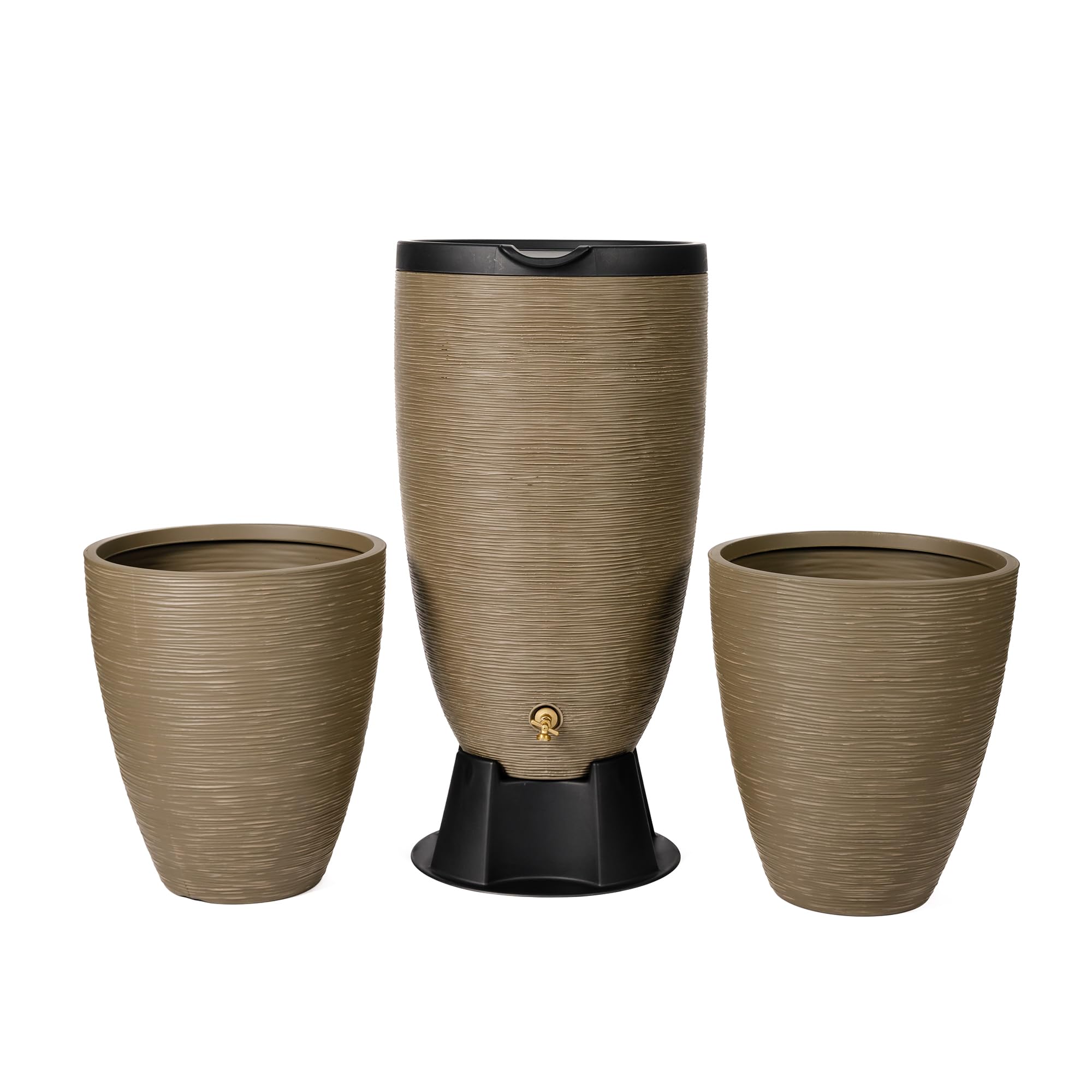 Newport 50‑Gallon Flat‑Back Rain Barrel with Stand &amp; Planter Bundle – Sandstone | Removable Lid, UV-Stabilized Outdoor Water Storage
