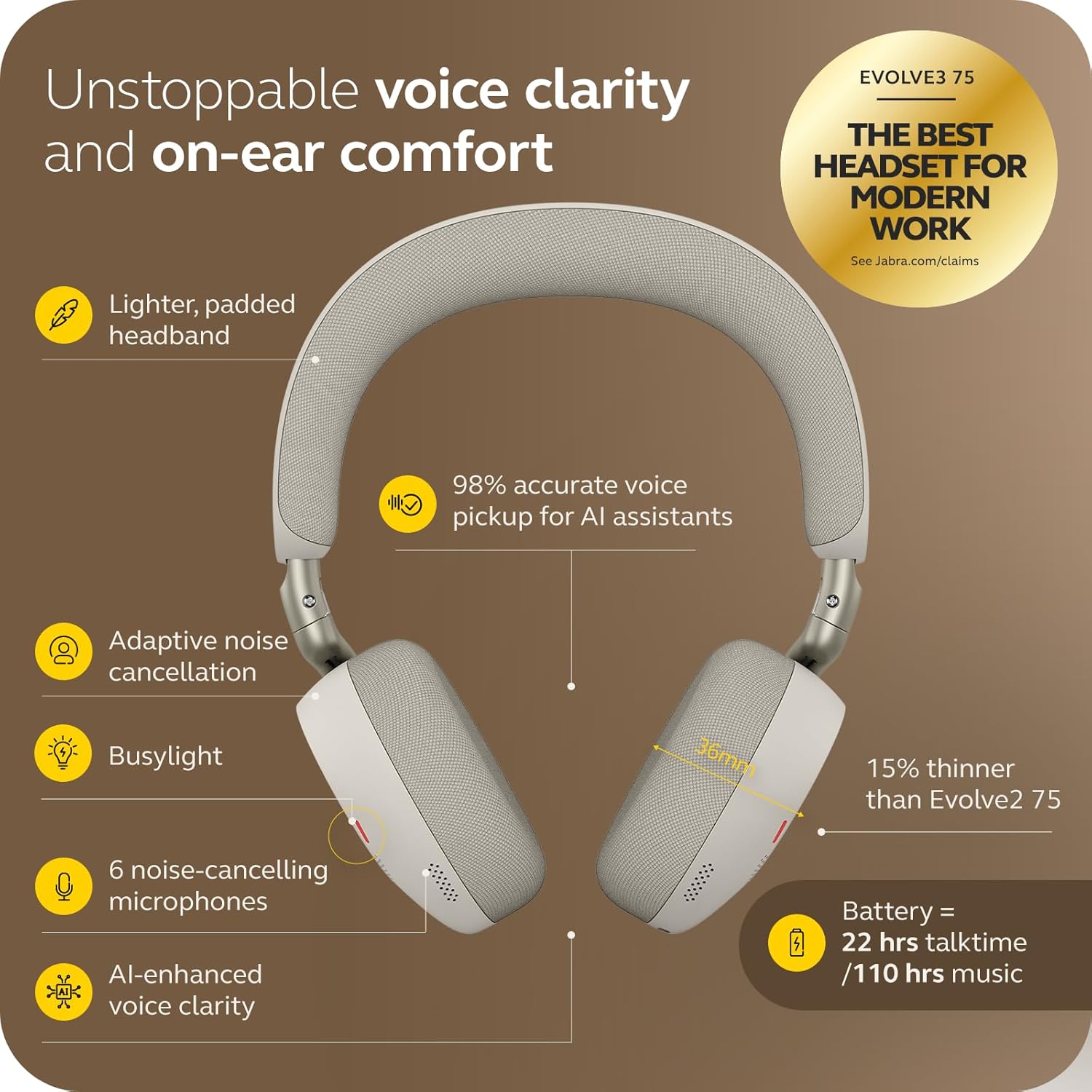 Jabra Evolve3 75 On-Ear Wireless Bluetooth Headset with Microphone for Work, USB-C, AI Voice Call Tech, Advanced Active Noise Cancellation, 22-Hour Battery, Works with Online Meeting Apps, Warm Gray