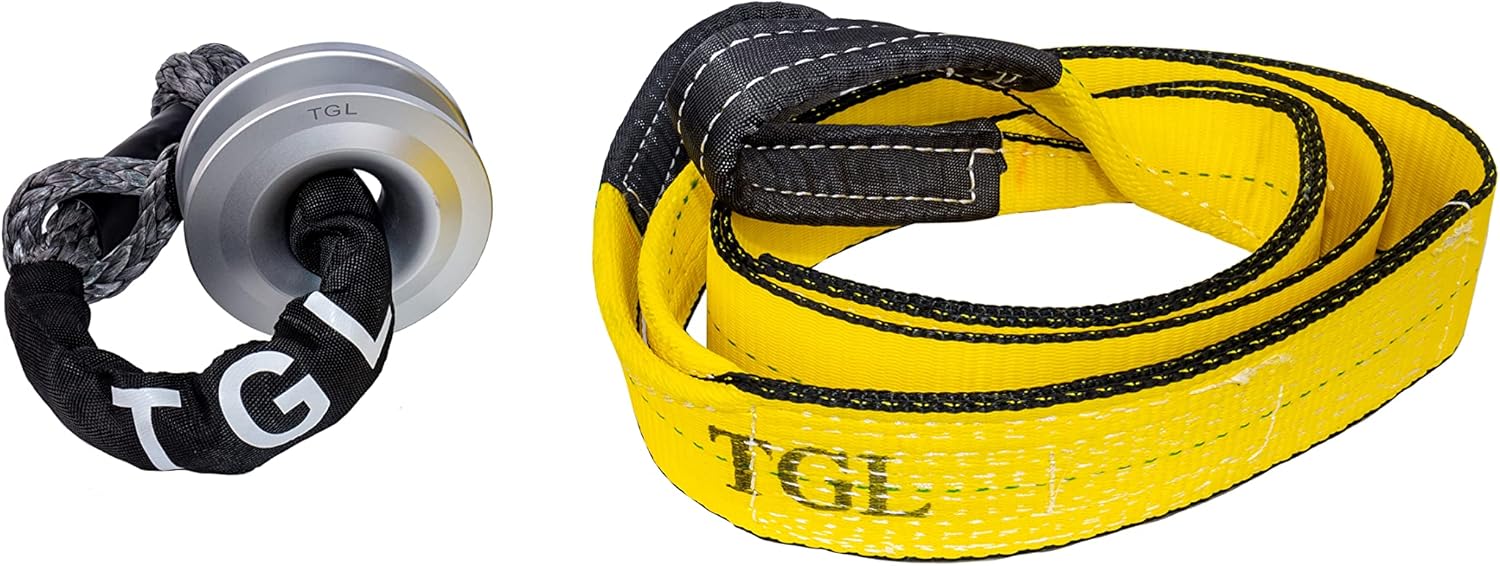 TGL Snatch Block Winch Pulley Ring with Recovery Soft Shackle, 3" Tree Saver, Tow Strap with Loops. Perfect Winch Accessory for Come Along Winch. Compatible with Jeep Accessories, Ford, Toyota.