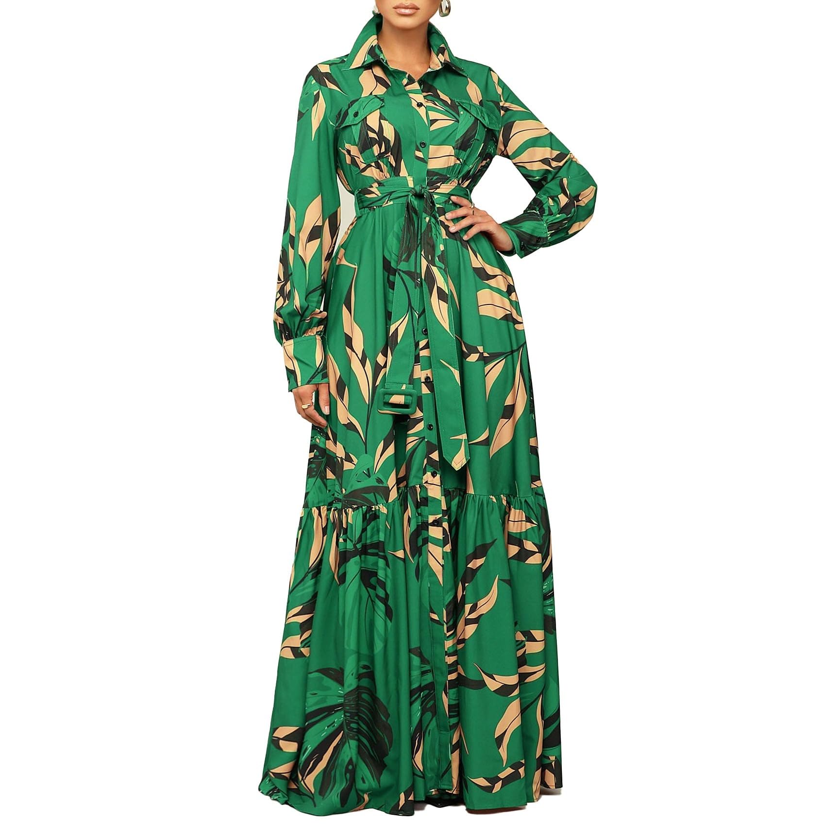 fzmnwwc Women's Long Sleeved Lapel Tied Long Dress, Fashionable and Casual Printed Large Skirt, Shirt Skirt