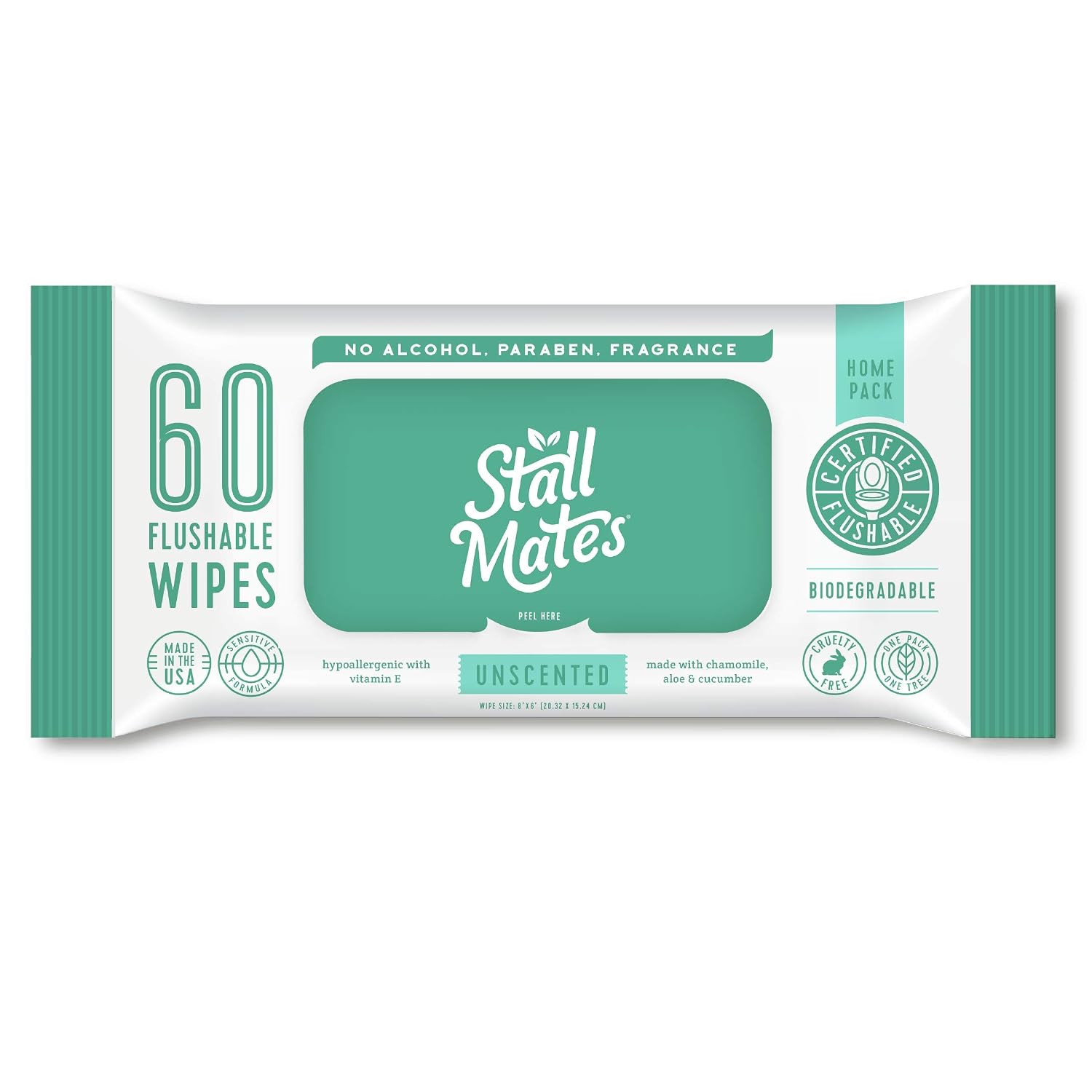 Stall Mates 60-Wipe Home Pack: Flushable and Hypoallergenic Moist Wipes Made in the USA. Unscented with Vitamin-E & Aloe, 100% Biodegradable