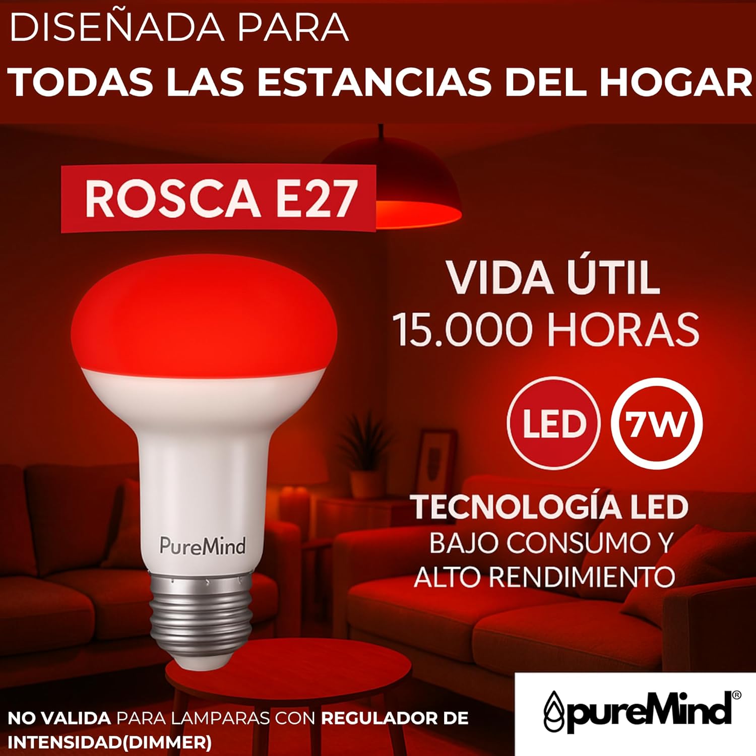Puremind Melatonina E27 Luz Nocturna Roja Terapia de Luz Luz Roja Tecnología Sin Parpadeo + 0% Azul + Hilo Estándar + Mejora del Ritmo de Descanso
