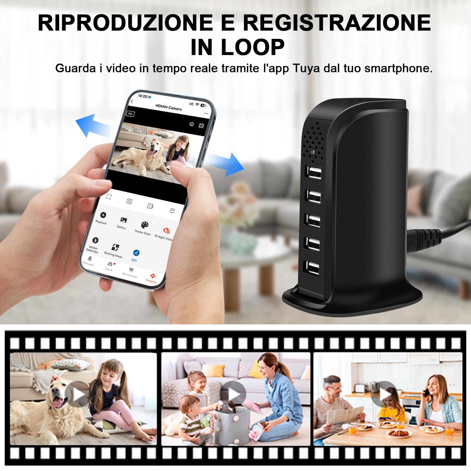 Telecamera Nascosta WiFi 5G, Caricatore USB a 5 Porte con Telecamera Nascosta, Mini Telecamera Spia Nascosta Wi-Fi HD 1080P con Rilevamento del Movimento e Visualizzazione Remota