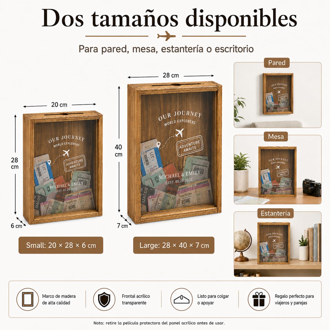 Caja de Recuerdos de Viaje Personalizada, Caja de Fotos Personalizadas con Marco de Madera Maciza y Ranura Superior, para Tickets, Mapas y Postales, Regalo Personalizado para Viajeros y Parejas