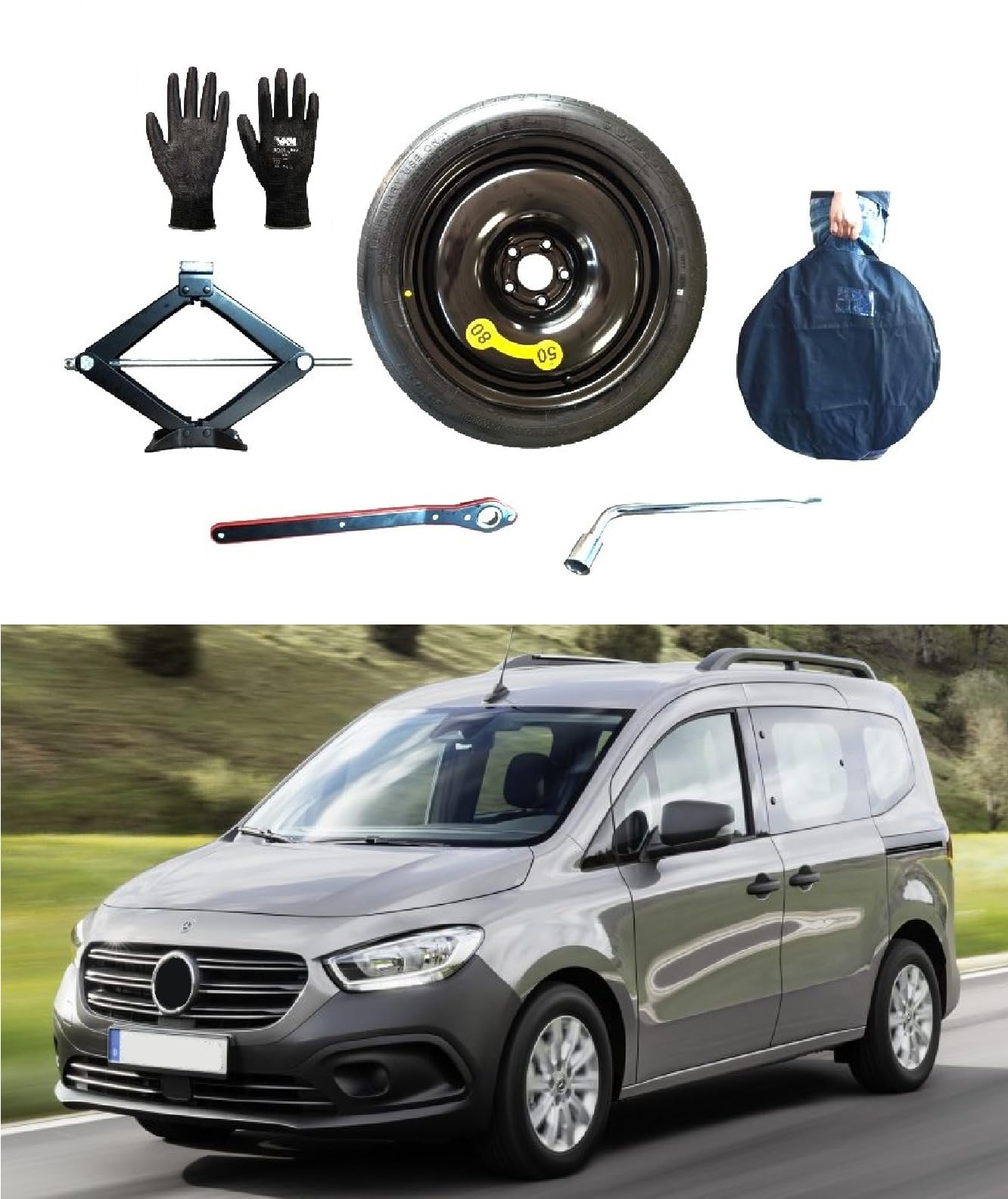 Notrad 16" kompatibel mit Mercedes Citan 2021> mit Wagenheber, Schlüssel, Handschuhe und Tasche