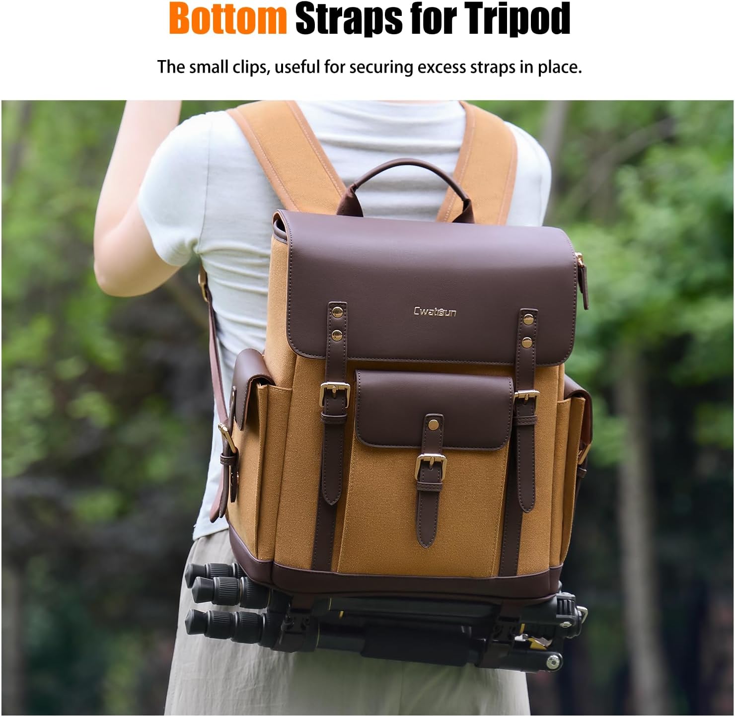 Cwatcun Camera Backpack, DSLR SLR Backpacks Camera Bag with 13”laptop sleeve compartment and Tripod Holder for Photographers -Vintage Canvas& leather Style-Upper and lower Compartment Design(Khaki)