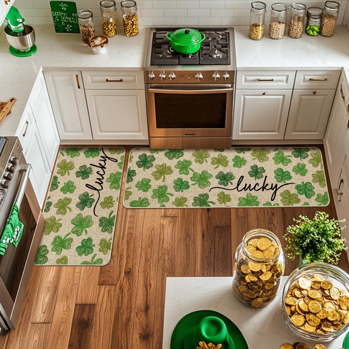 Artoid Mode Lucky Shamrocks Clover St. Patrick's Day Kitchen Mats Set of 2, Home Decor Low-Profile Kitchen Rugs for Floor - 17x29 and 17x47 Inch