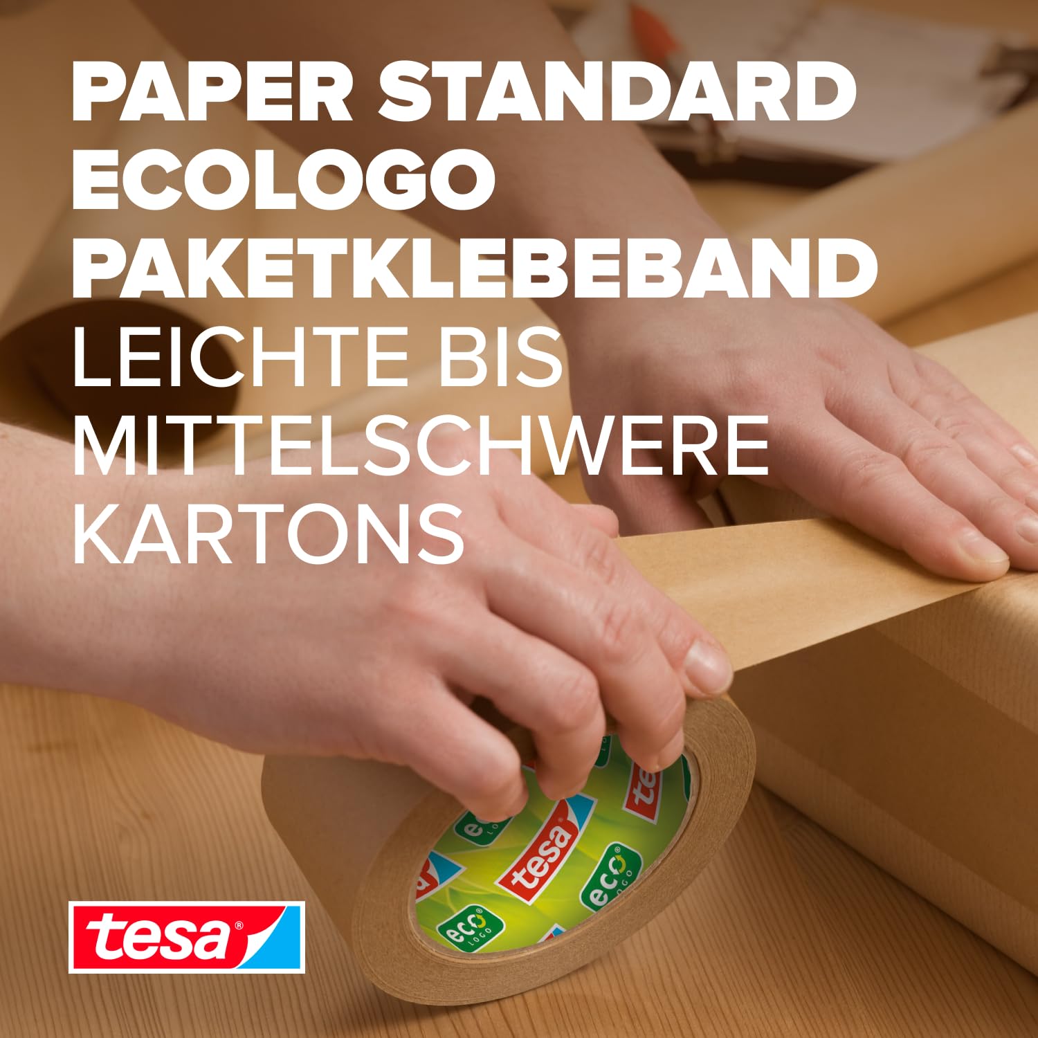 tesapack Paper Standard - Eco-Friendly Paper Packaging Tape, 56% bio-Based Material - Effective and Easy to Recycle - Brown - 3X 50 m x 50 mm