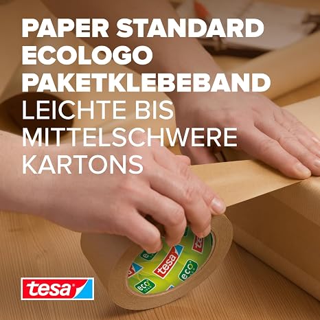 tesa tesapack Paper Standard - Environmentally Friendly Paper Parcel Tape 56% Bio-Based Material - Efficient and Recycling-Friendly - Brown - 50 m x 50 mm