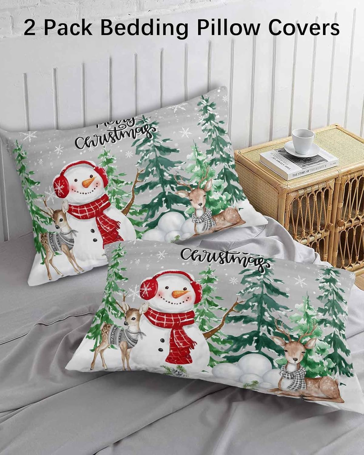 DecorLovee Gray Snowman Christmas Pillow Cases Standard Size Set of 2 - Microfiber Bed Throw Pillow Covers, Xmas Tree Snowflake Balls Lumbar Pillow Cover with Envelope Closure for Sofa 20"x26"