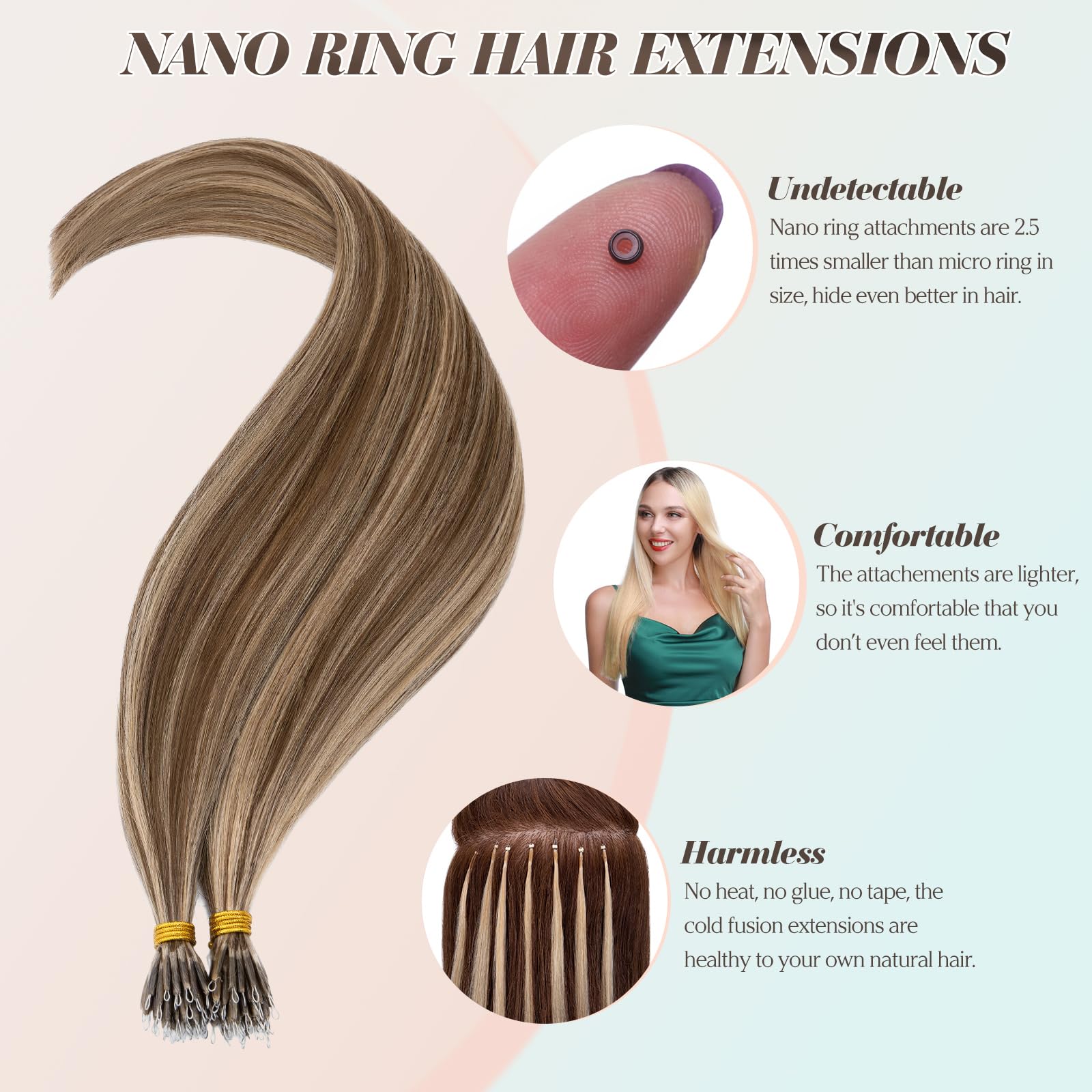 Benehair Nano Tip Hair Extensions Real Human Hair Invisible Straight Nano Rings Hair Extensions Silky #4/27 Medium Brown Mix Dark Blonde 16 Inches (35g) - Image 2