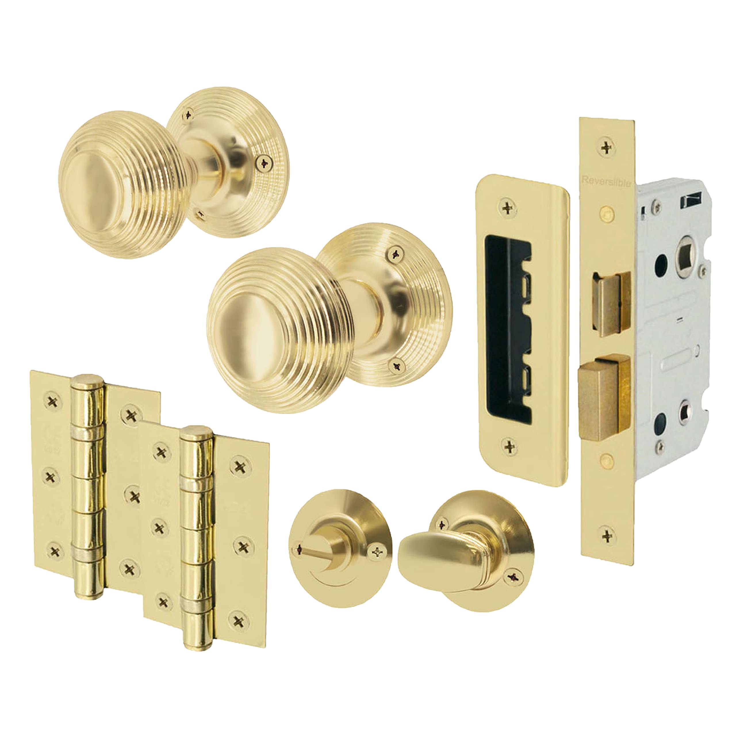 EAI Polished Brass Door Knobs with Bathroom Lock 76mm and Hinges - Beehive