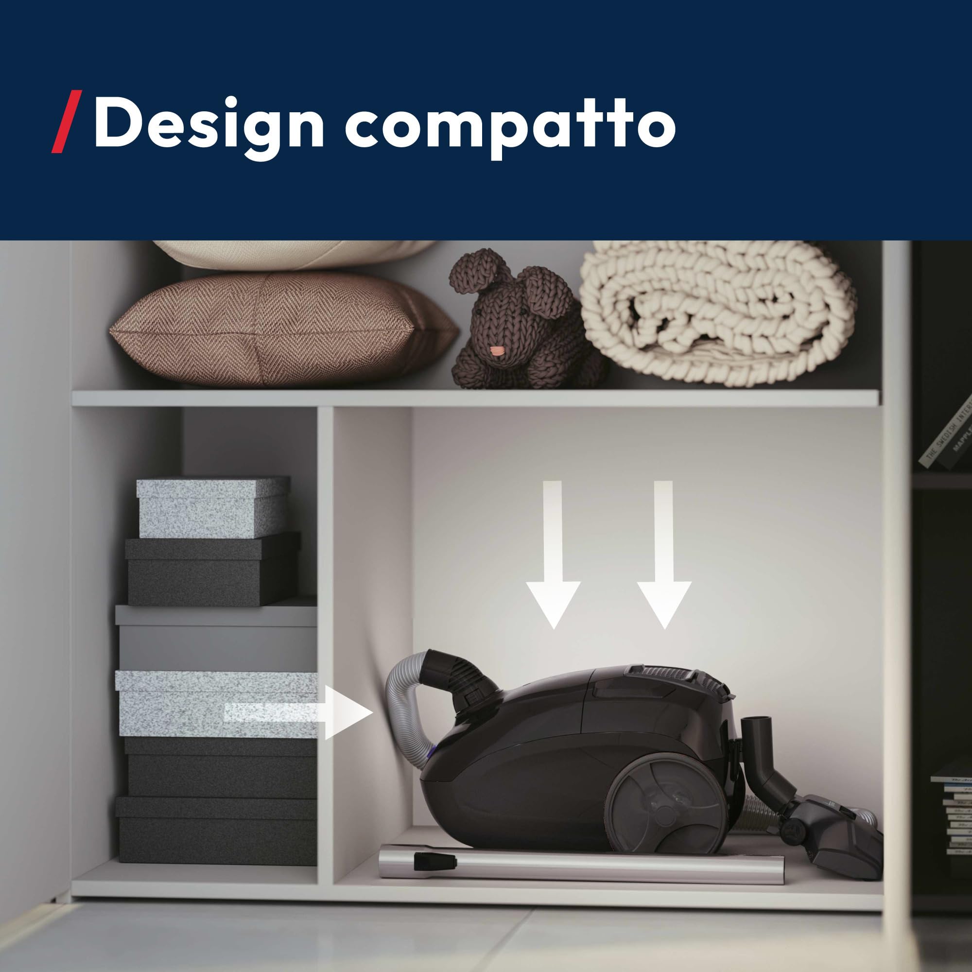 Hoover HE1 Aspirapolvere a traino con sacco compatto e potente per pavimenti duri e tappeti, Filtro per la polvere EPA, Capacità del sacco 2,5L, Accessori integrati, Raggio d'azione 7,5m [HEZ107HM]
