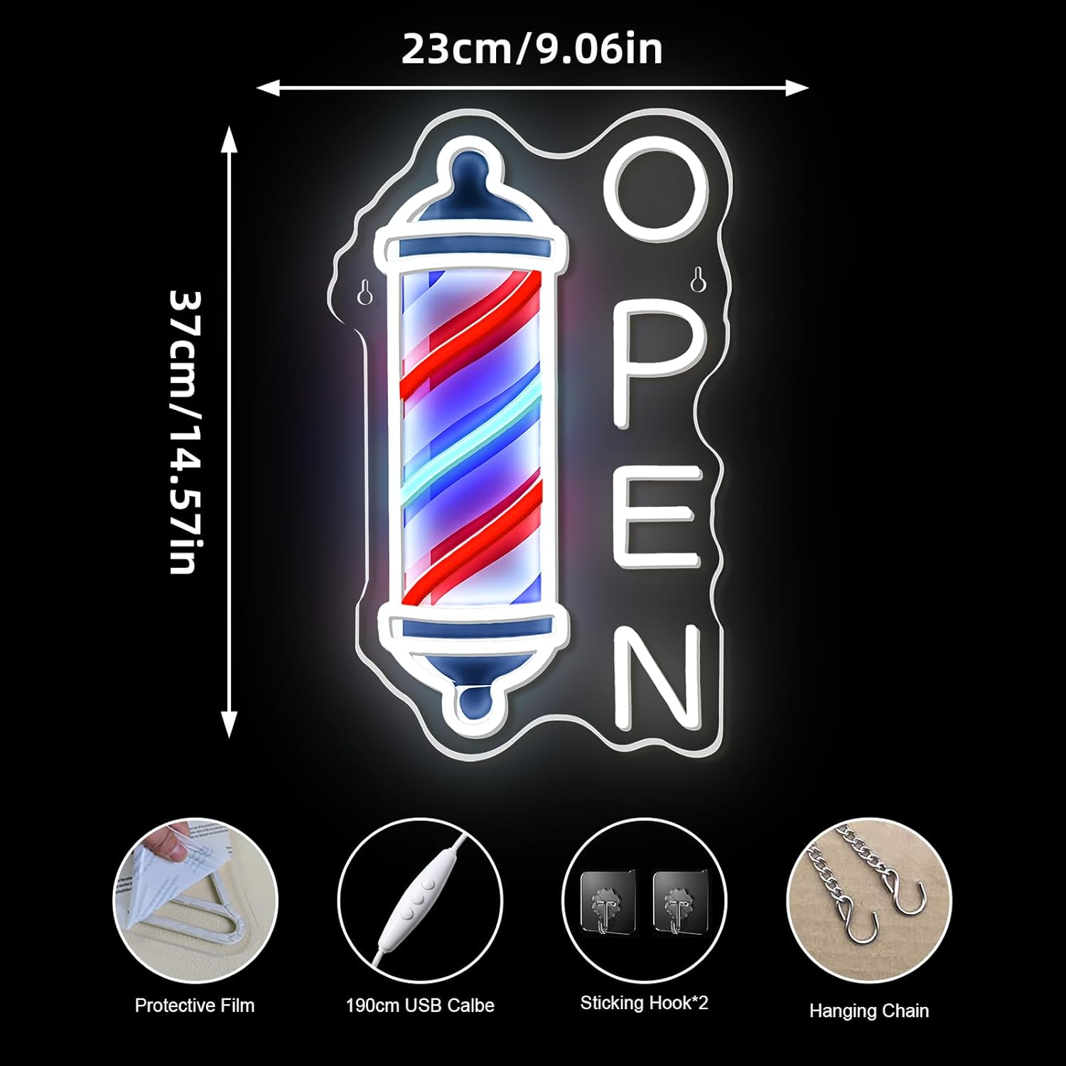 Open Neon Sign Barbershop Wall Decor Pole Light for Barber Pole Logo Barber Shop Accessories Hair Salon Supplies, USB Power Blue Red White