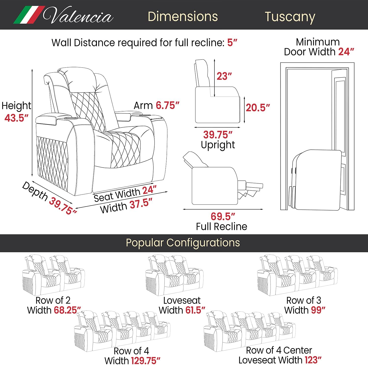 Valencia Tuscany Home Theater Seating | Premium Top Grain Italian Nappa 11000 Leather, Power Reclining, Power Lumbar Support, Power Headrest (Row of 2, Dark Chocolate) : Home & Kitchen