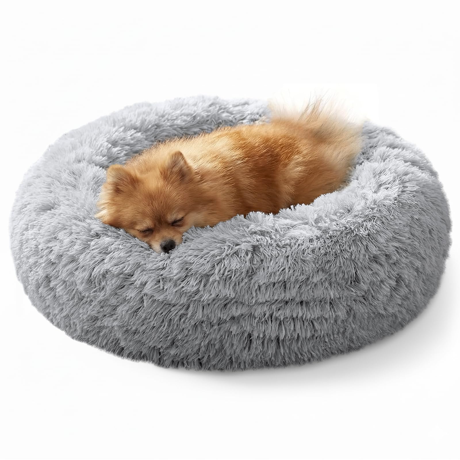 JOLLYVOGUE Calming Dog Bed for Small Dogs - 23 inches Donut Washable Small Dog Bed for Kittens &amp; Puppies, Anti-Slip Round Fluffy Plush Faux Fur Cat Beds (Fits up to 25 lbs Pets, Grey)