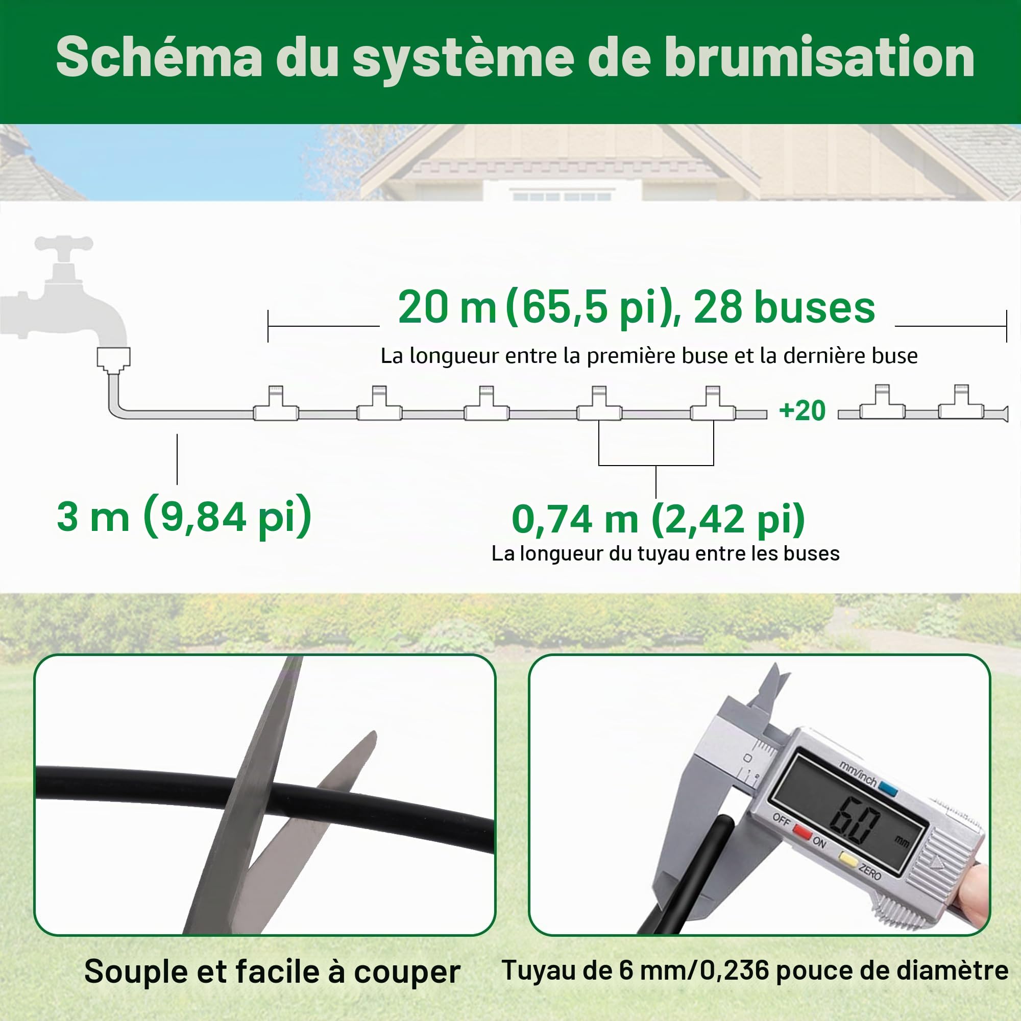 YOFIT Système de brumisation extérieur pour refroidissement de terrasse, kit de brumisateur d'eau de 23 m, brumisateurs de refroidissement pour porche, cour, jardin, système de brume portable avec