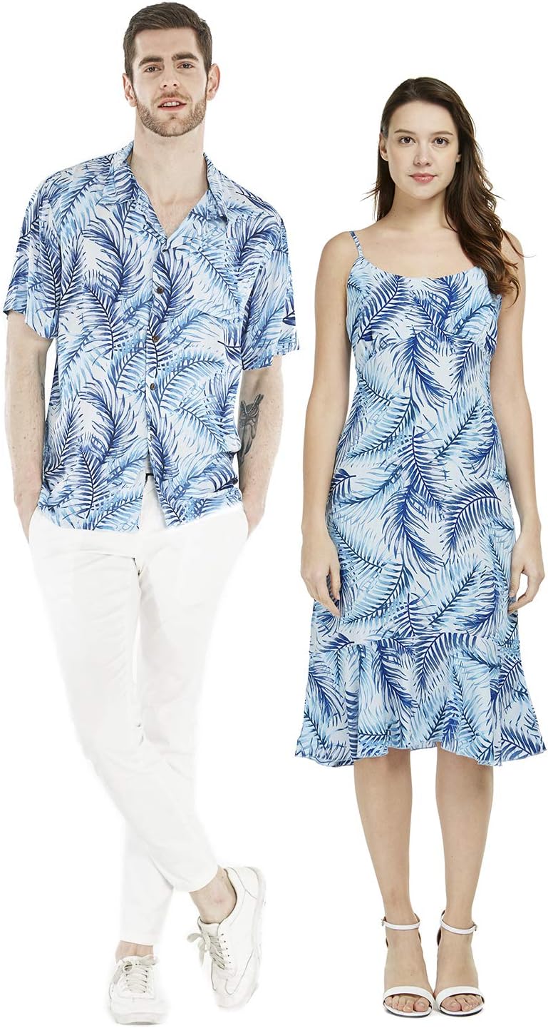 Couple Matching Hawaiian Luau Shirt Mermaid Dress Simply Blue Leaves