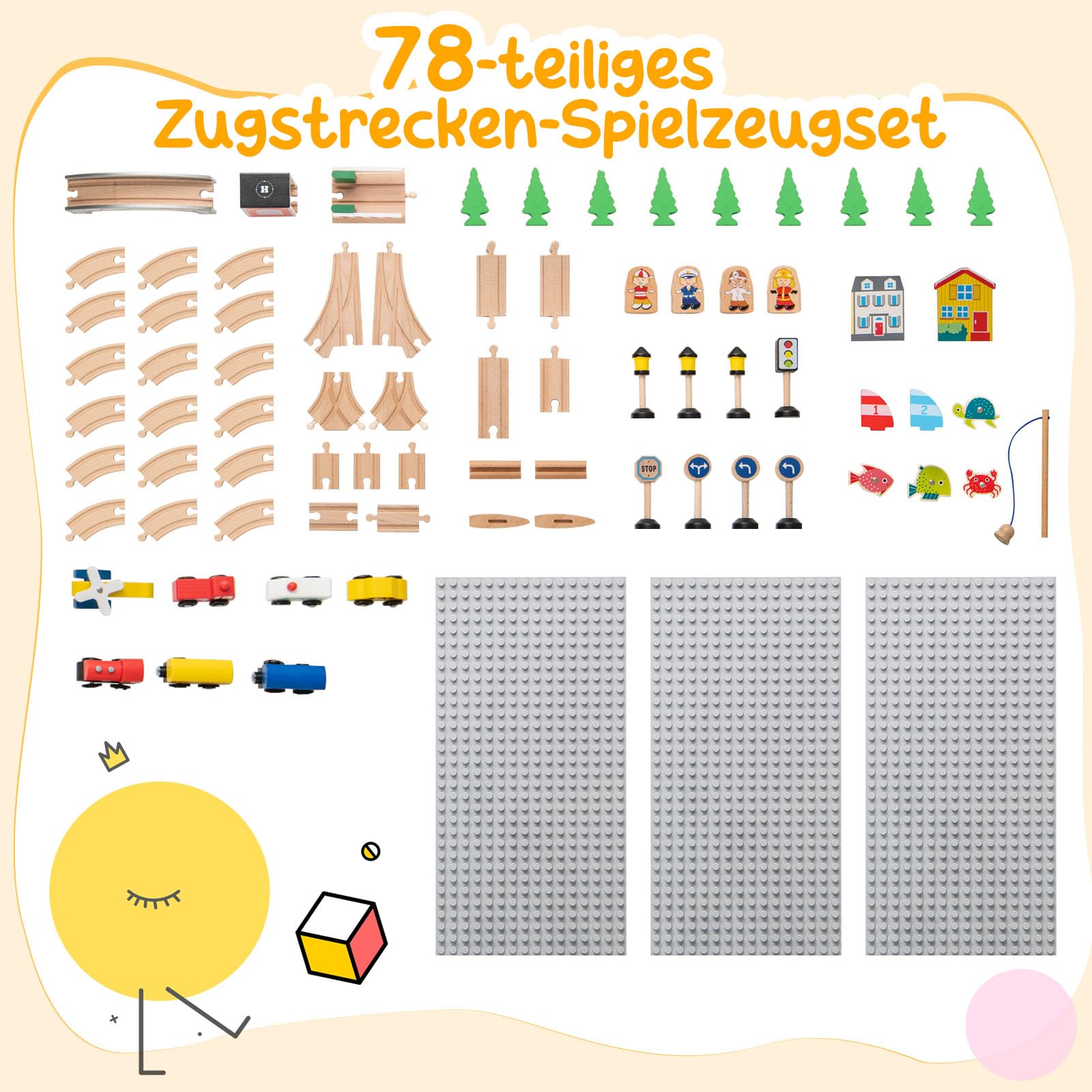 GOPLUS Stół do zabawy z 78 zabawkami, zestaw kolejowy dla dzieci z obrotowym blatem, płytami budowlanymi, torami, samochodami, stół do aktywności dla dzieci z drewna, z miejscem do przechowywania, dla