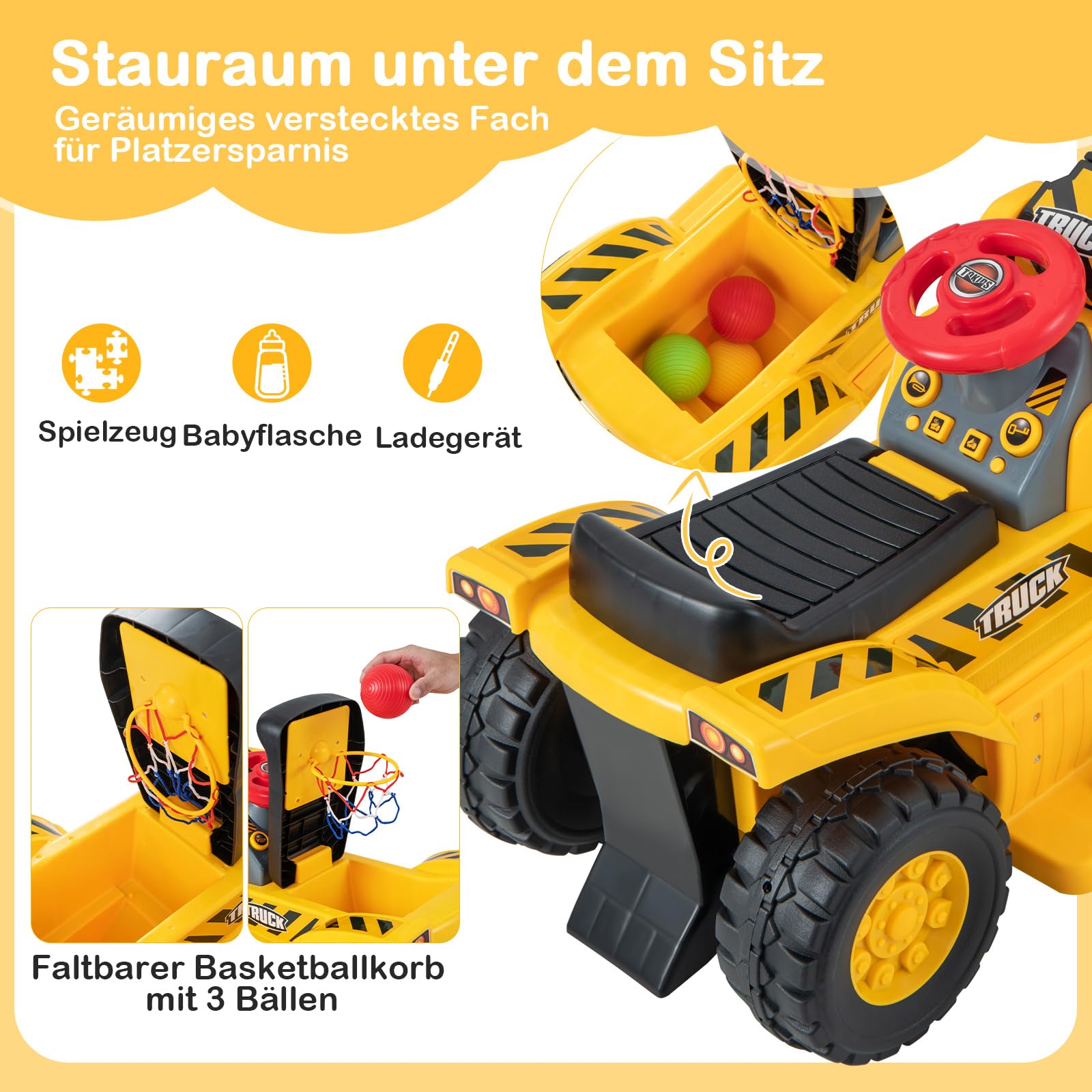 COSTWAY Elektro Bagger, Sitzbagger mit Hupe & Sound, für Kinder ab 2 Jahre | Stauraum unter den Sitz, Kinderbagger mit Basketballkorb, Bagger zum draufsitzen, 6V Sandbagger Aufsitzbagger, inkl. 3 Bälle