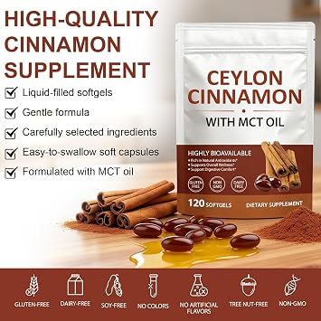 Ceylon Cinnamon SoftGels with MCT Oil, 120 Softgels, 600mg Cinnamomum Verum Extract, Herbal Nutritional Support Natural antioxidants