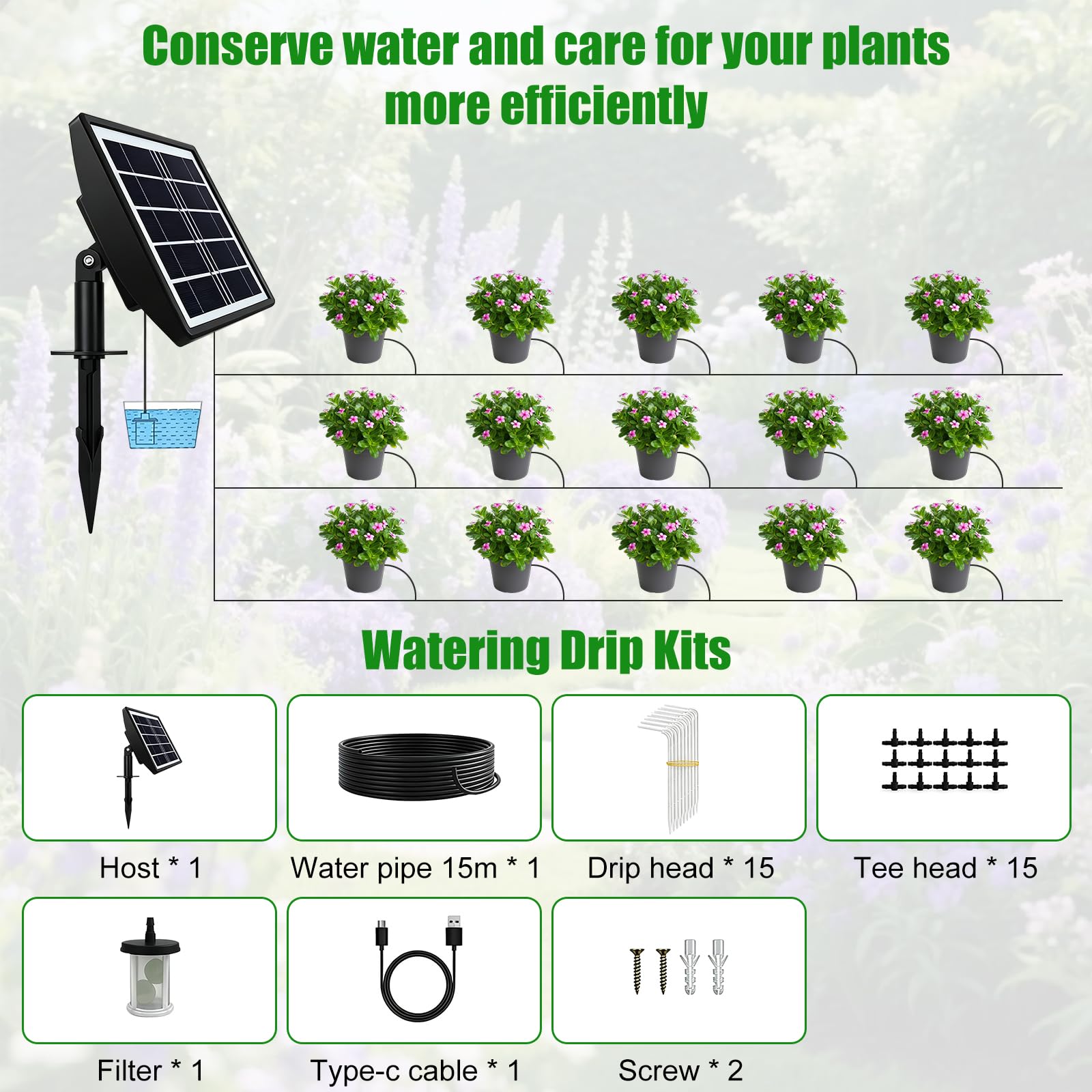 Solar Bewässerungssystem,Automatisches Gartenbewässerungssystem mit 15 M Schlauch,für 15 Töpfe,Automatischer Alarm,Geeignet für die Pflanzenbewässerung Während des Urlaubsfür Garten, Balkon