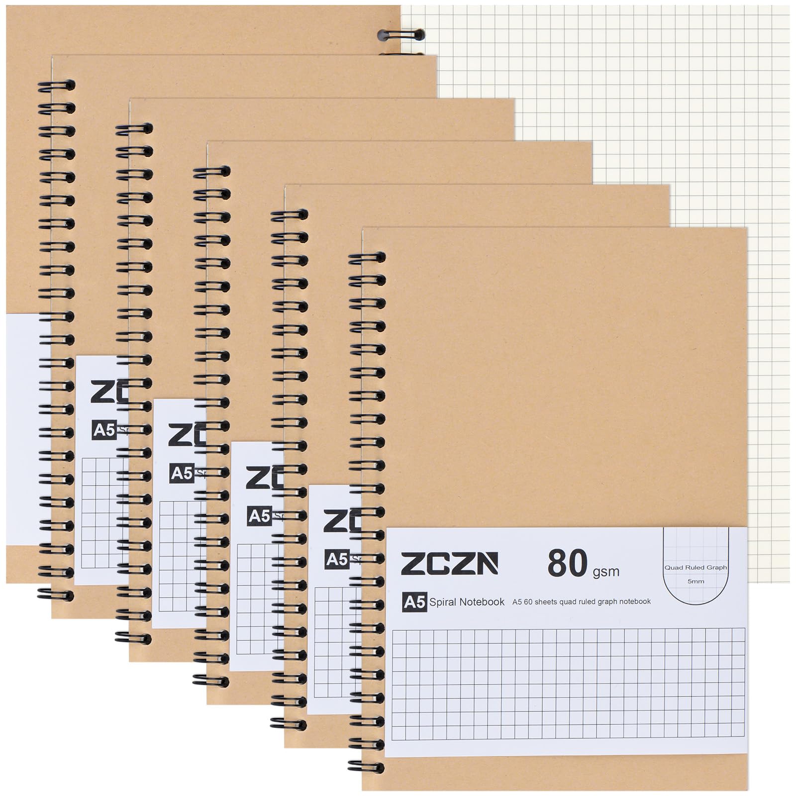 A5 Squared Notebook, 6 Pack Spiral Notebook, 5mm Graph Grid Paper, 120 Pages/60 Sheets