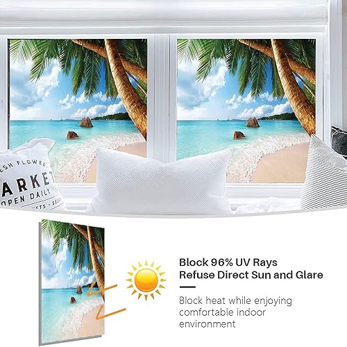 Vista 50 de Tropic - Película 3D para ventana, palmeras tropicales oceánicas en isla soleada, imagen panorámica, para puerta de cristal, baño, sala de estar