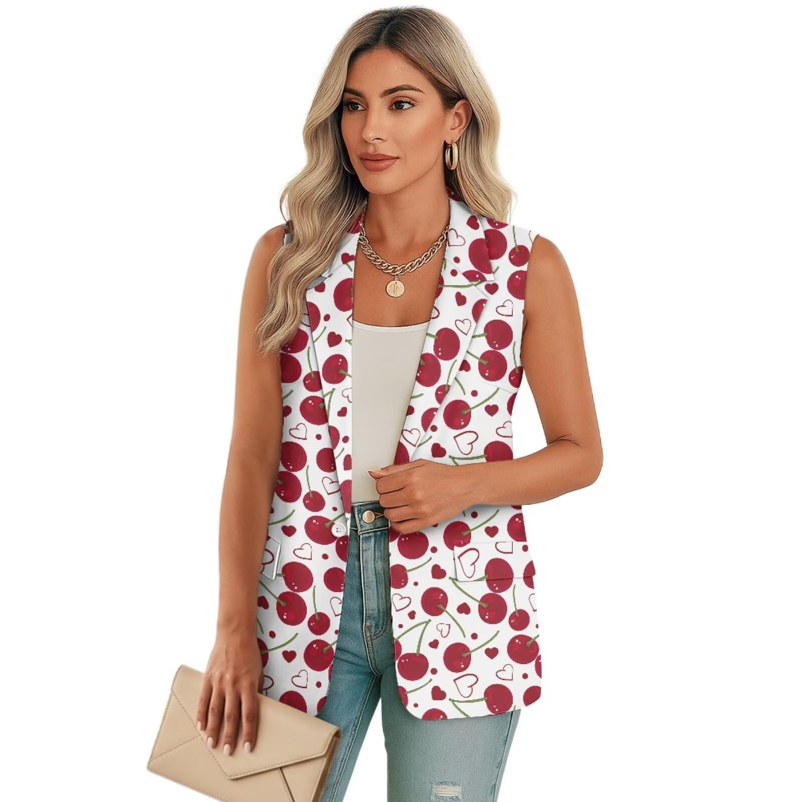Womens Sleeveless Vest Blazer Single Button Fully Lined Casual Open Front Work Office Tops Jacket with Pockets