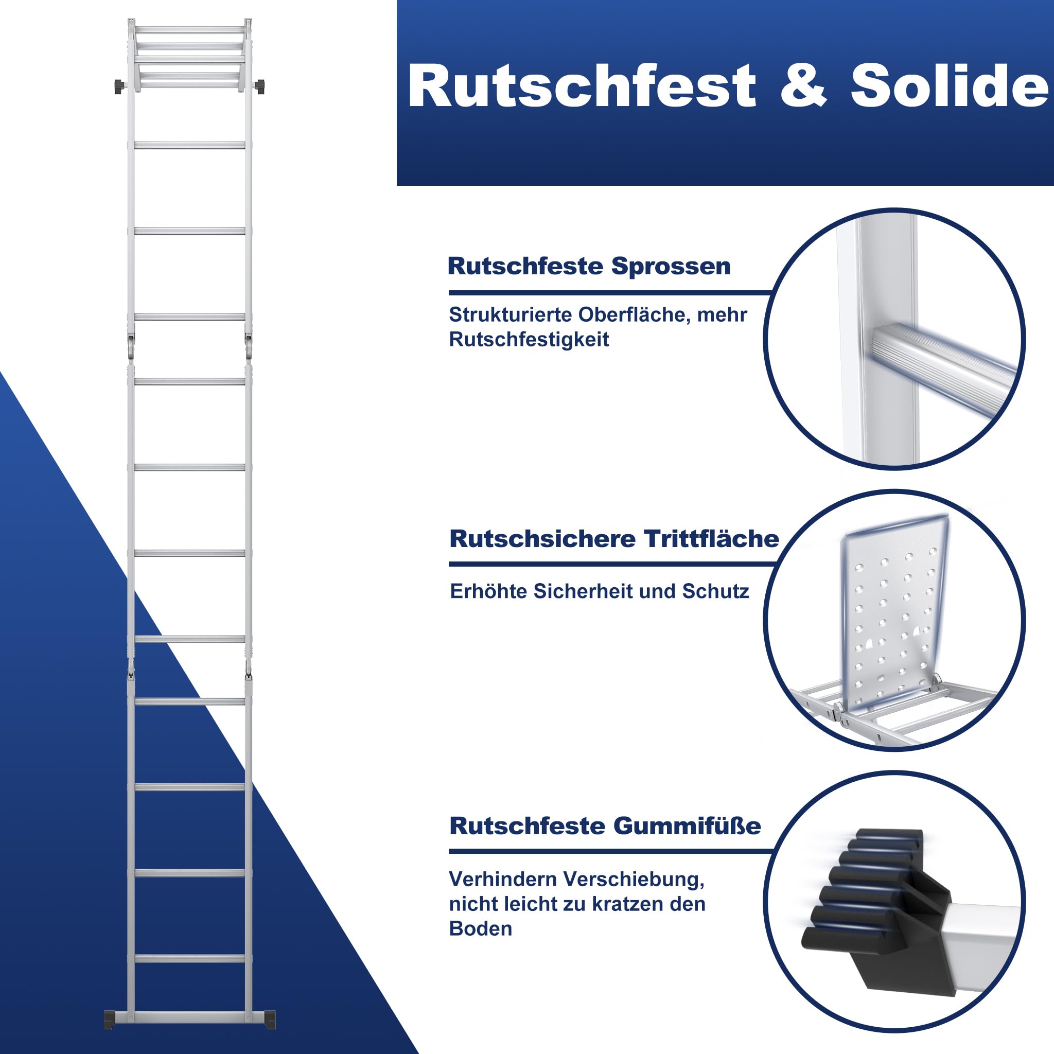 UISEBRT Échelle multifonction pliante 4 x 4 en aluminium avec plate-forme, échelle 6 en 1, 470 cm, jusqu'à 150 kg, Argenté