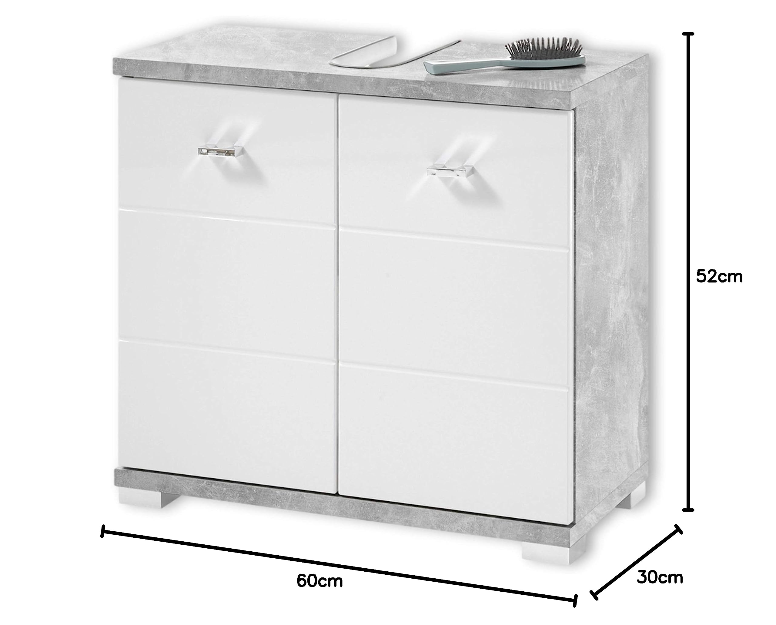 Stella Trading Badezimmer Waschbeckenunterschrank in Beton Optik, Weiß - Moderner Bad Unterschrank Badezimmerschrank mit viel Stauraum - 60 x 52 x 30 cm (B/H/T) | Moderner Badunterschrank mit weißer Hochglanz Front, 2 Türen, 1 Boden, Stauraum für Badutens