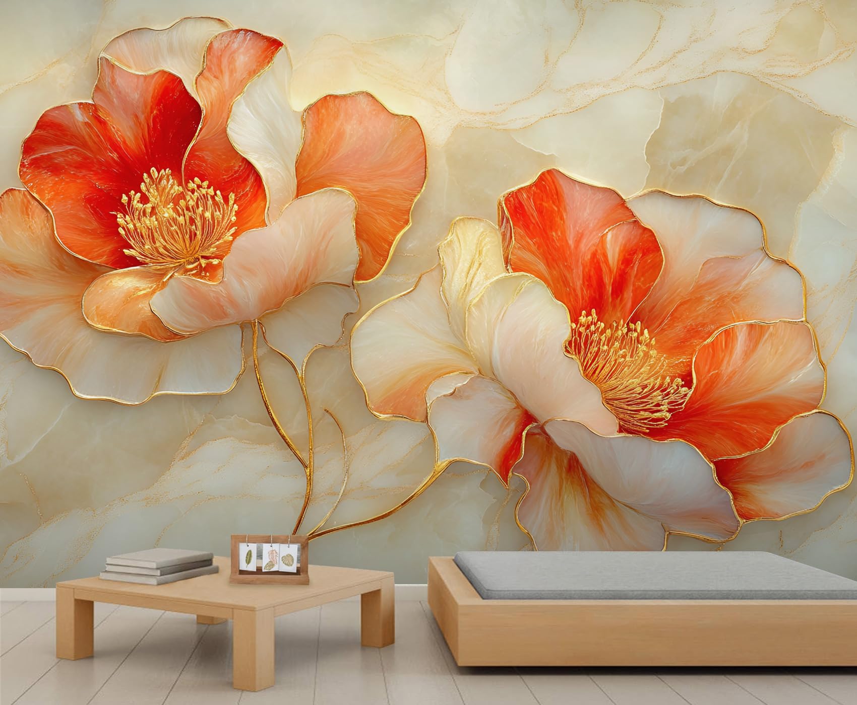 Orange Peony Flowers Mural Wallpaper, Modern Abstract Marble Texture Wall Mural, Marble 3D Murals, Nordic Light Luxury Art Large Wallpaper for Living Room Bedroom Wall Decor 98.4" W x 68.9" H