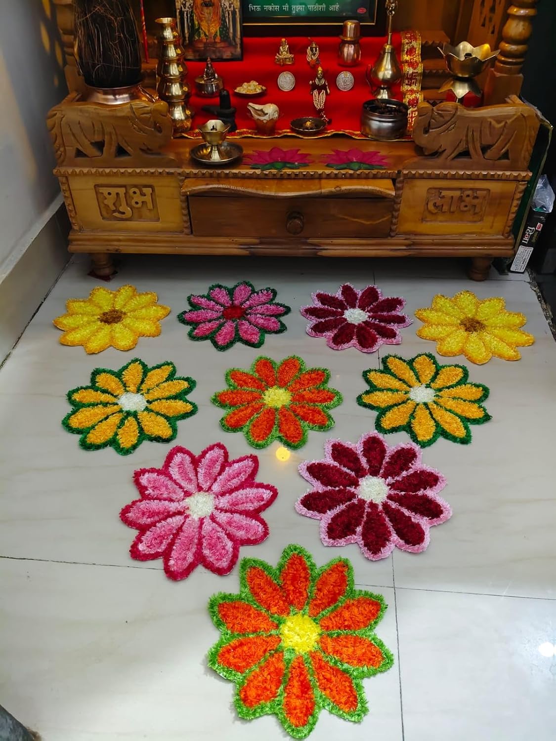 12 Pcs – Woolen Hand-Made Premium Rangoli Mat (Size 19 * 19 cm)