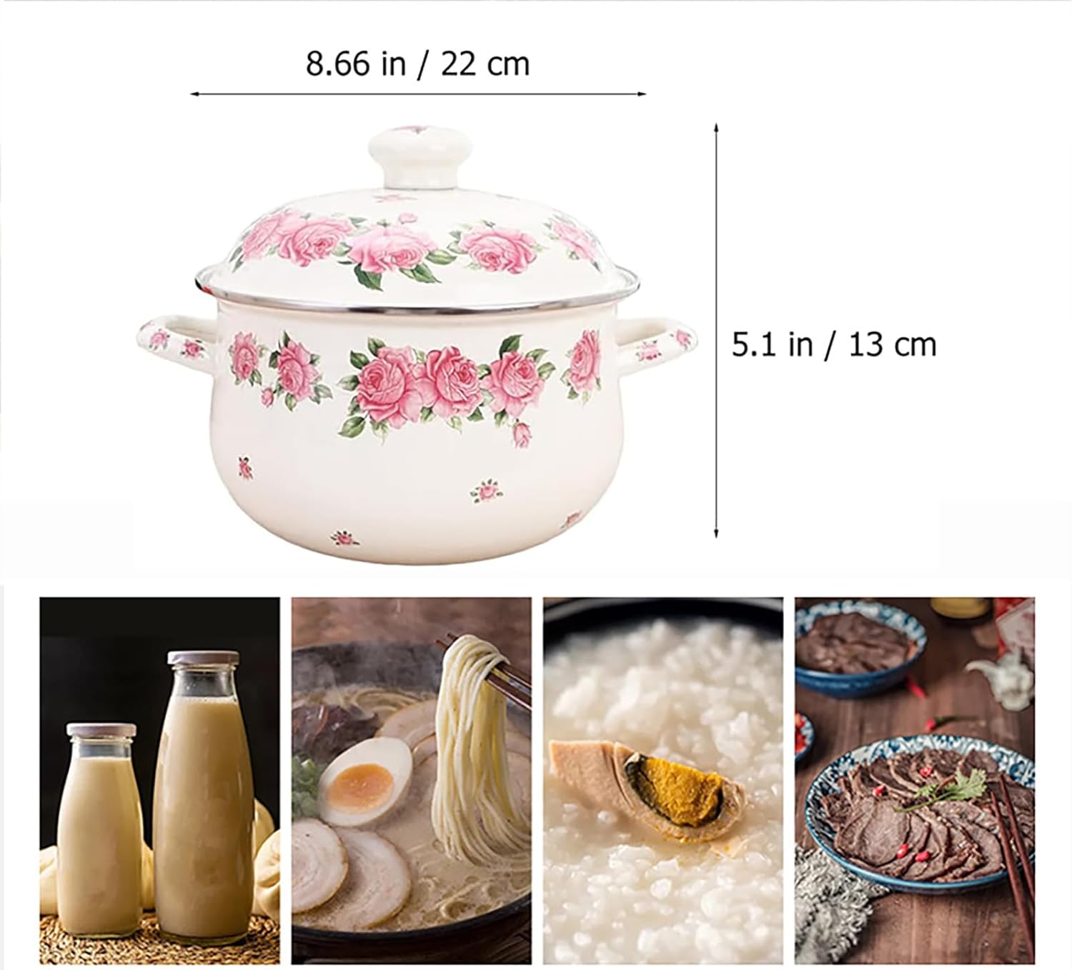 Kitchen Enamel Stockpot with Lid,Flower Printed Cooking Pot Flat Bottom Stew Pot with Lid Vintage Soup Pot with Handle for Milk Pasta Sauce Soup for Induction Cookers, Gas Stove