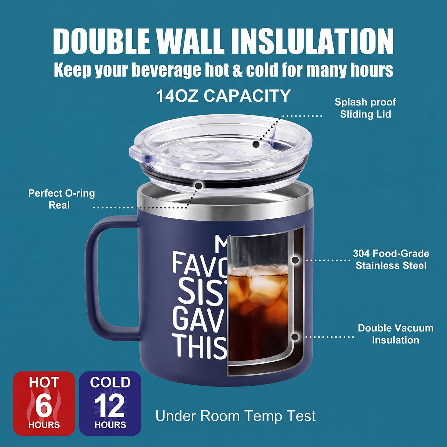 Funny Brother Gifts from Sister-Fathers Day,Birthday,Christmas Gift Idea for the Best Brother Adult -14Oz Insulated Coffee Cup with Lid-My Favorite Sister Gave Me This Mug