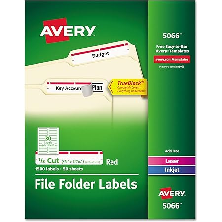 Avery 5066 TrueBlock Permanent File Folder Labels, Inkjet/Laser, Red,  1500/Box