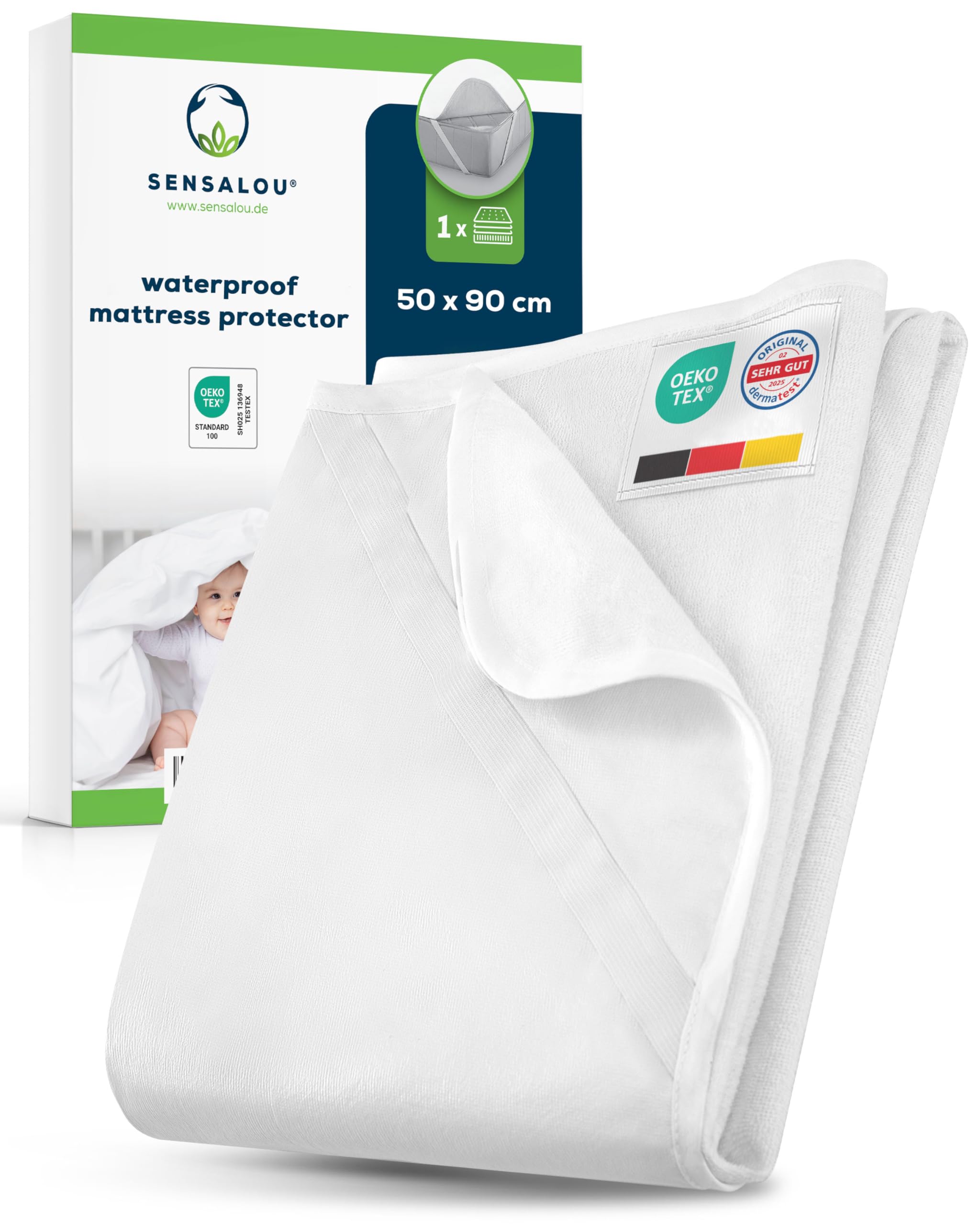 Sensalou Waterproof Mattress Protector 50x90 cm, Baby Cot Bed Mattress Cover with Elastic Corner Straps, Soft Terry Surface