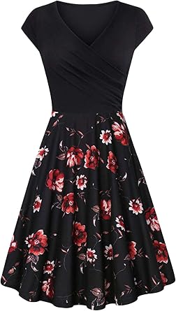 Women Vintage Womens Deep V Neck Casual Cross Wrap Flared Midi Dress
