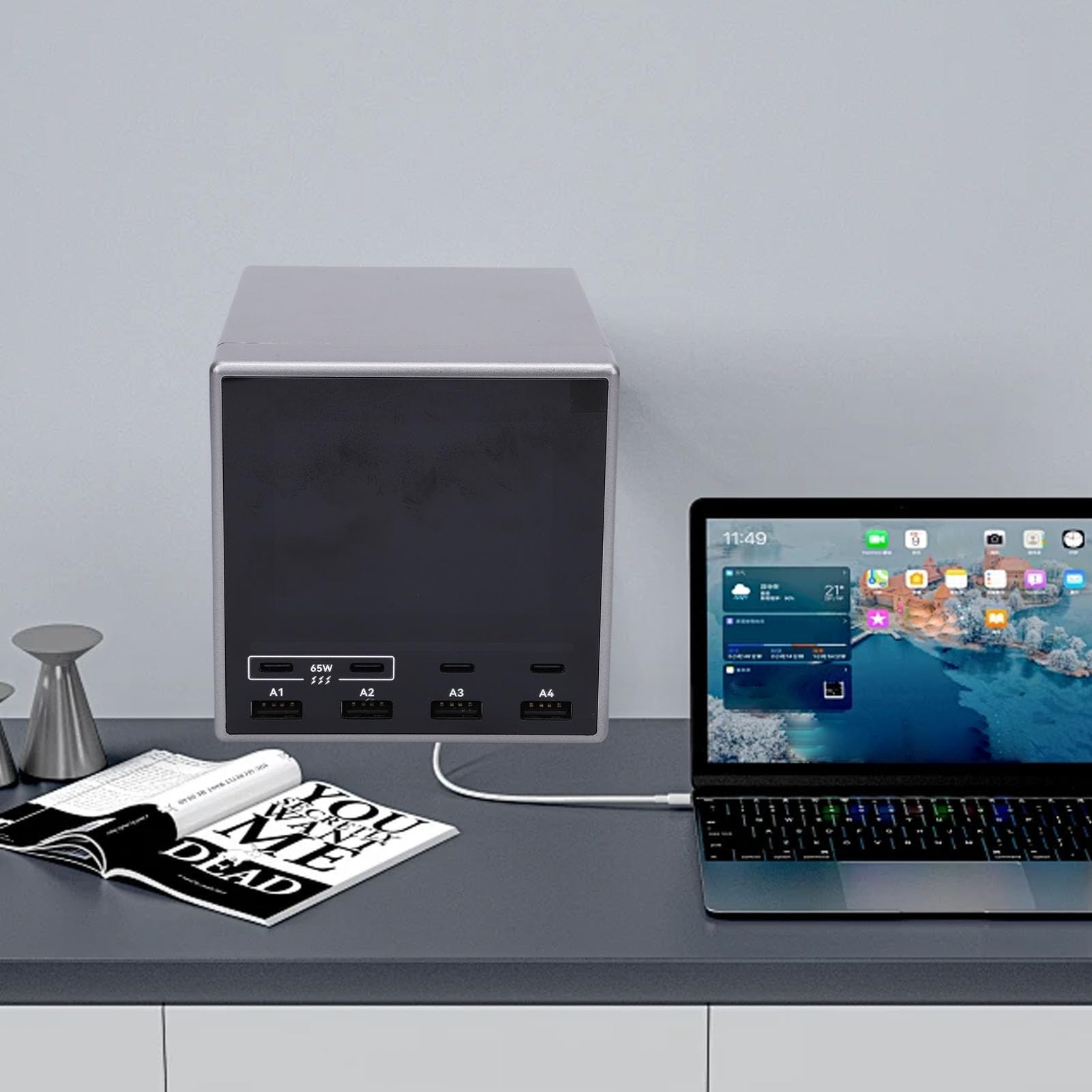 Estación de Carga USB de 80 W, Cargador Rápido USB C PD de 4 Puertos con Pantalla Digital para Teléfono con Tableta Portátil, Soporte PD3.1 QC4+ PPS 45 W Carga Rápida 2.0 (Enchufe de la UE)