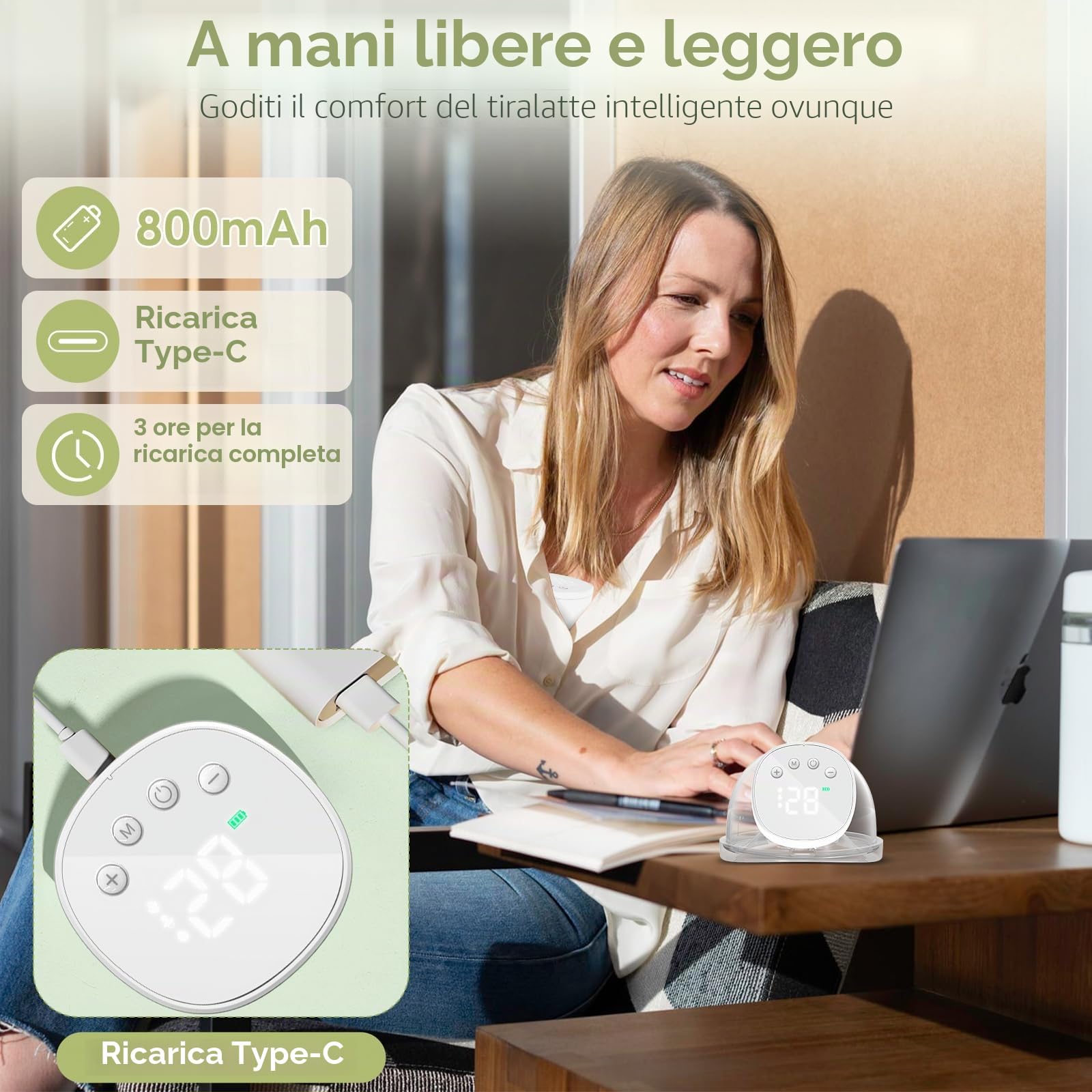 Journeyside Tiralatte Portatile Elettrico, Tiralatte Indossabile Tiralatte Elettrico a Mani Libere con 3 Modalità e 9 Livelli, Display a LED, Tiralatte Leggero Ultra Silenzioso, Flangia 24 mm