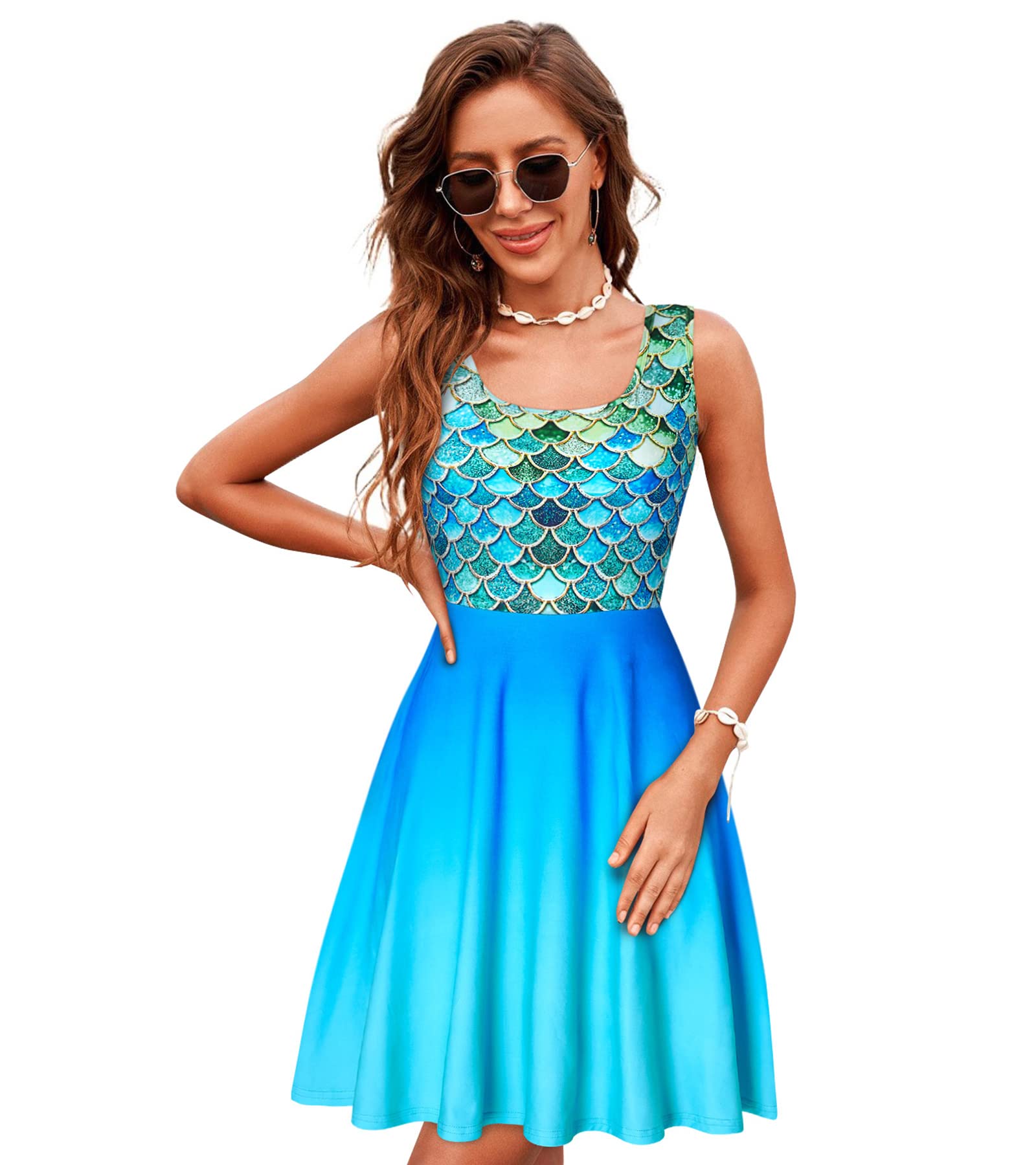 uideazone Women's Sleeveless Scoop Neck Summer Beach Casual Midi A Line Dress