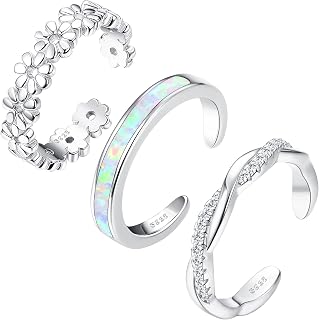 FIASASO 3PCS Adjustable 925 Sterling Silver Toe Rings for Women - 14K White Gold Plated Flower Twist Opal CZ Set