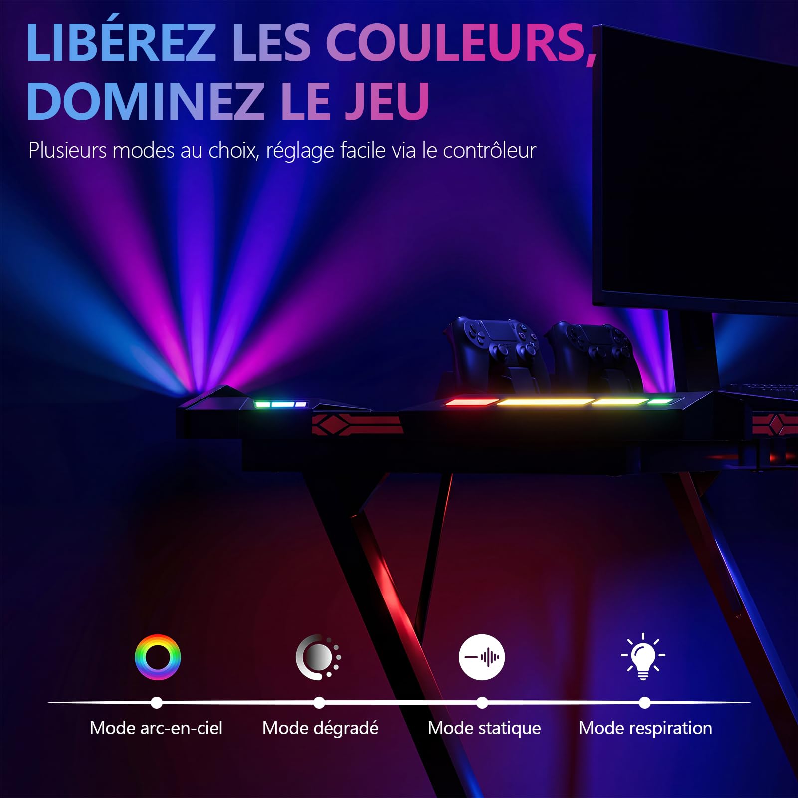 JUMMICO Bureau Gaming RGB 120x60cm, Carbone Anti-Rayures, LED, Noir