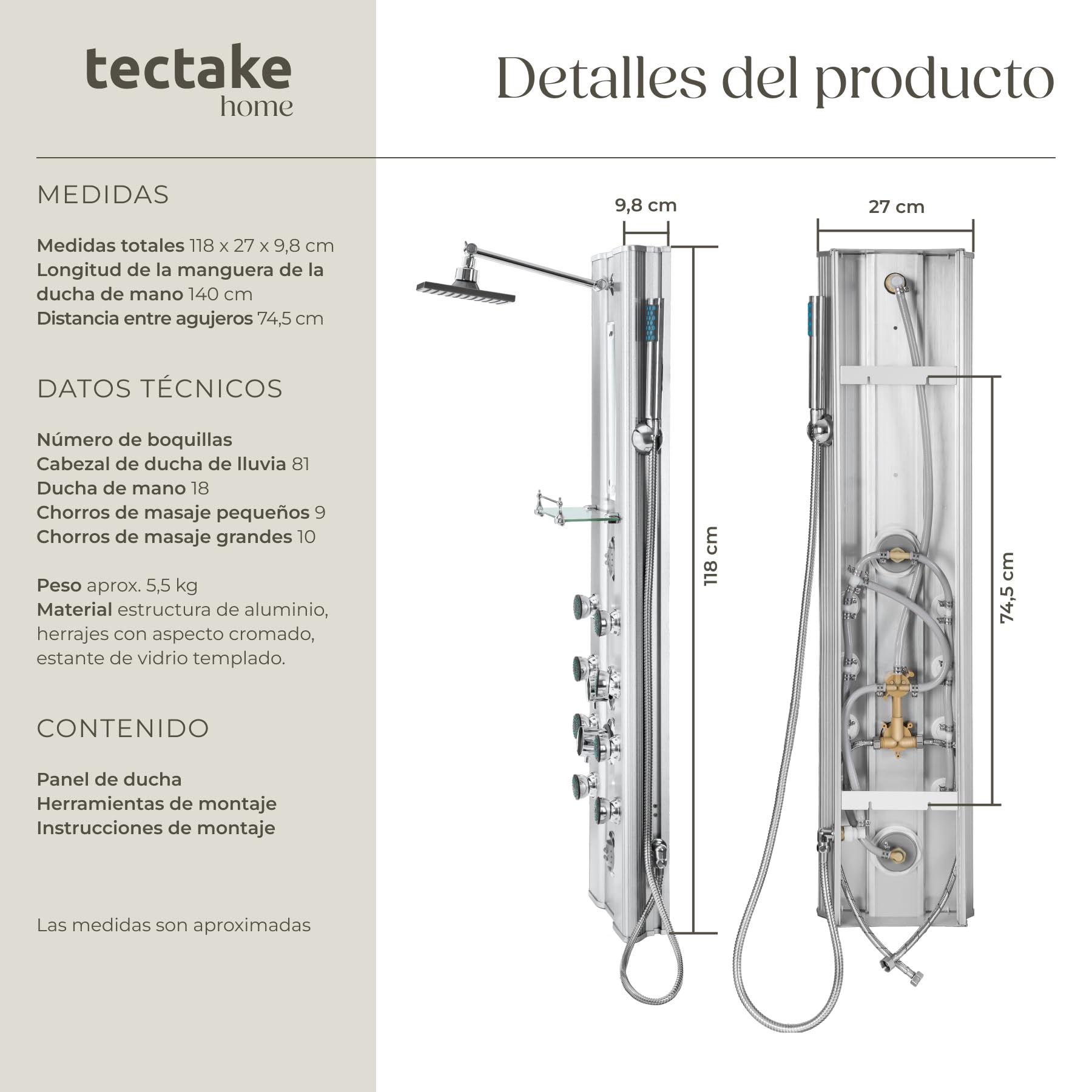 tectake® Columna Ducha con Hidromasaje, Grifo Ducha y de Mano, 10 Chorros Masaje, Diseño Moderno, Fácil Instalación, Anticalcáreo, Duchas de Baño, Estructura de Aluminio - Plateado