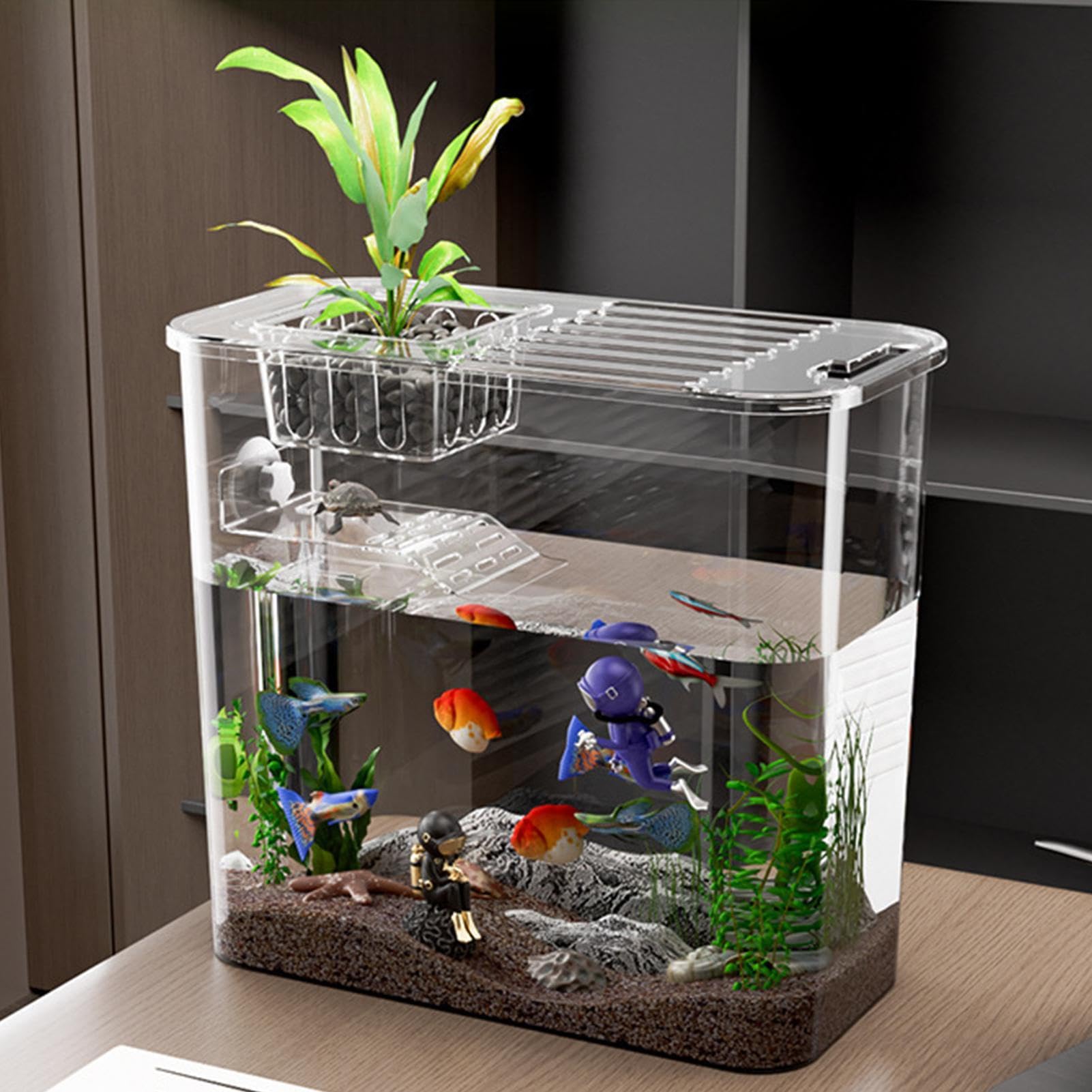 Tanque para tortugas de agua, tanque para tortugas, acuario decorativo | para peces, acuario creativo para tortugas y peces con tabla de escalada, acuario transparente para tortugas